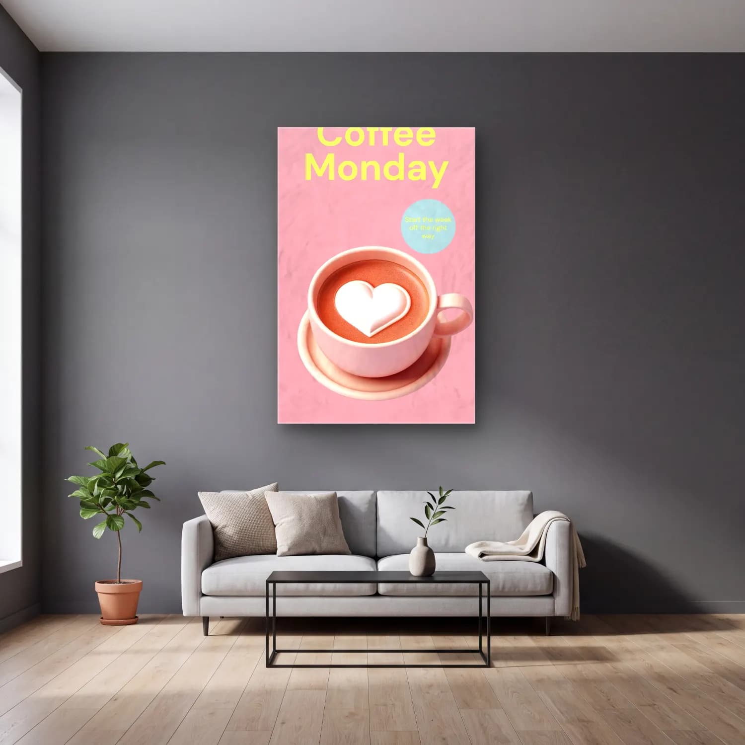 Pastel Kahve Fincanı – Pembe Tonlar cam tablo — gri duvarlı salonda