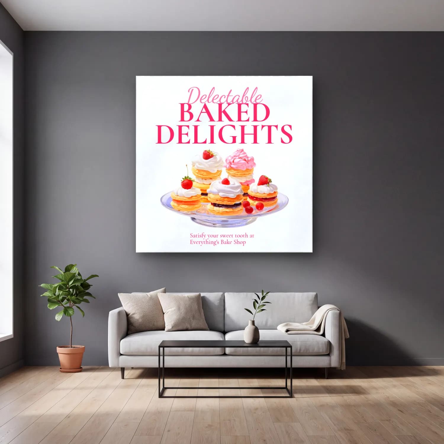 Pastel Tatlılar No. 21 cam tablo — gri duvarlı salonda