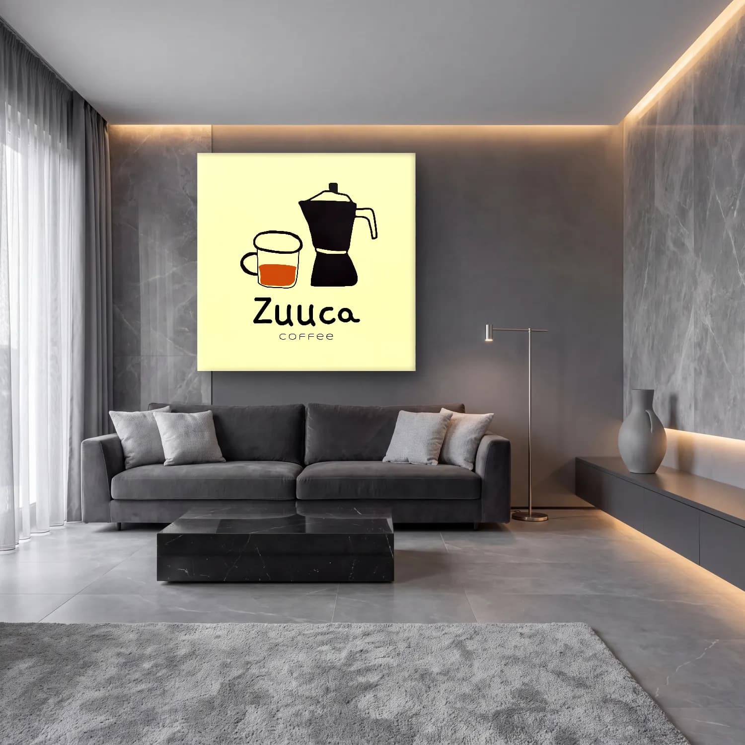 Çizgi Sanatı Kahve Fincanı cam tablo — lüks salon duvarında