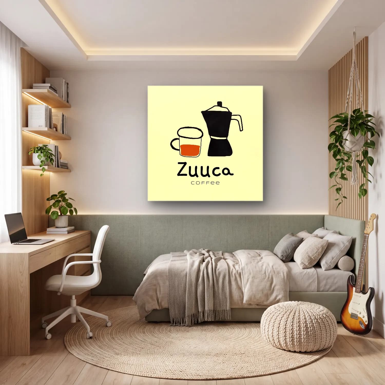Çizgi Sanatı Kahve Fincanı cam tablo — genç odasında