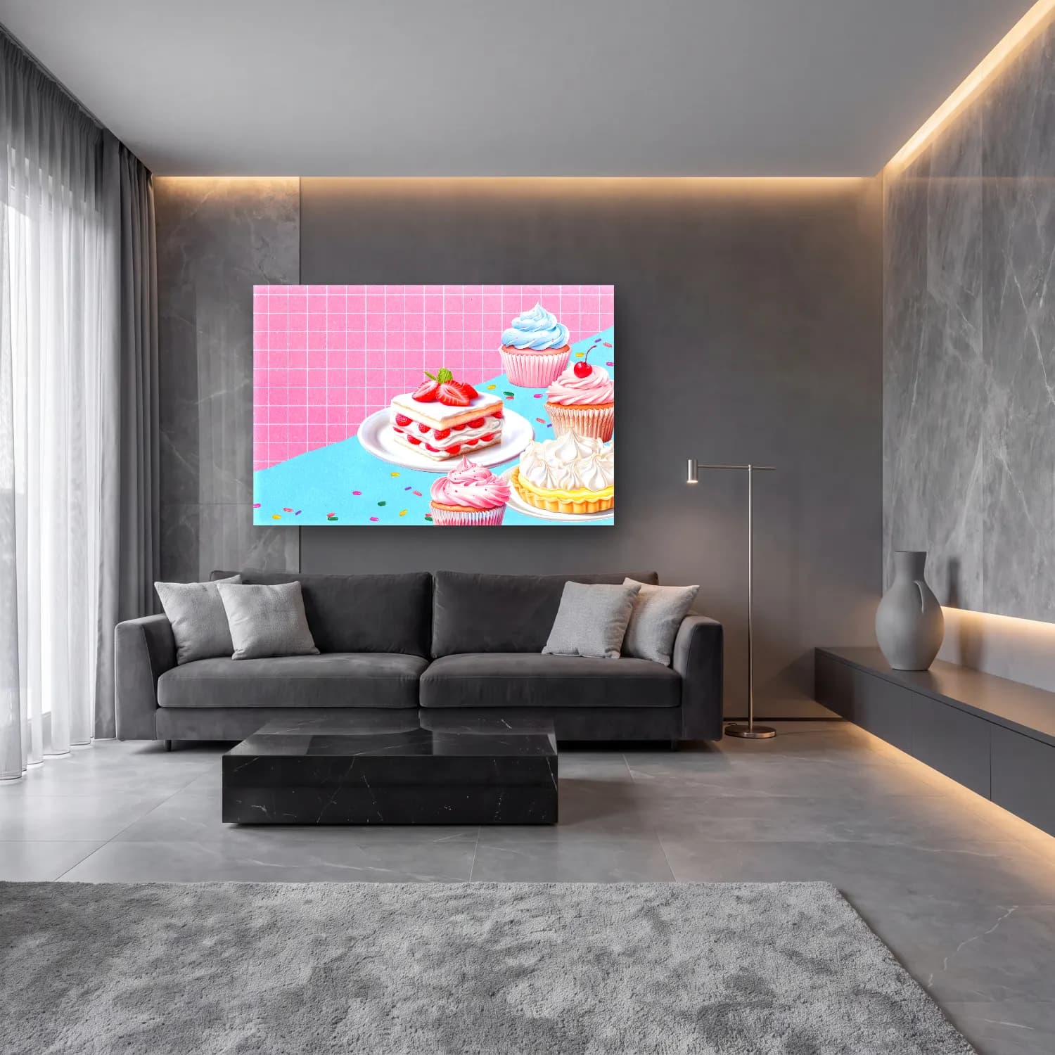 Pastel Tatlılar No. 23 cam tablo — lüks salon duvarında