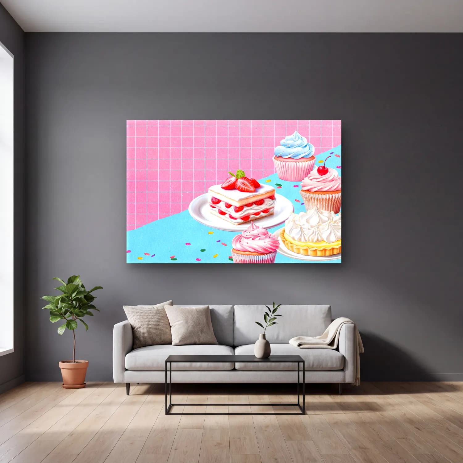 Pastel Tatlılar No. 23 cam tablo — gri duvarlı salonda