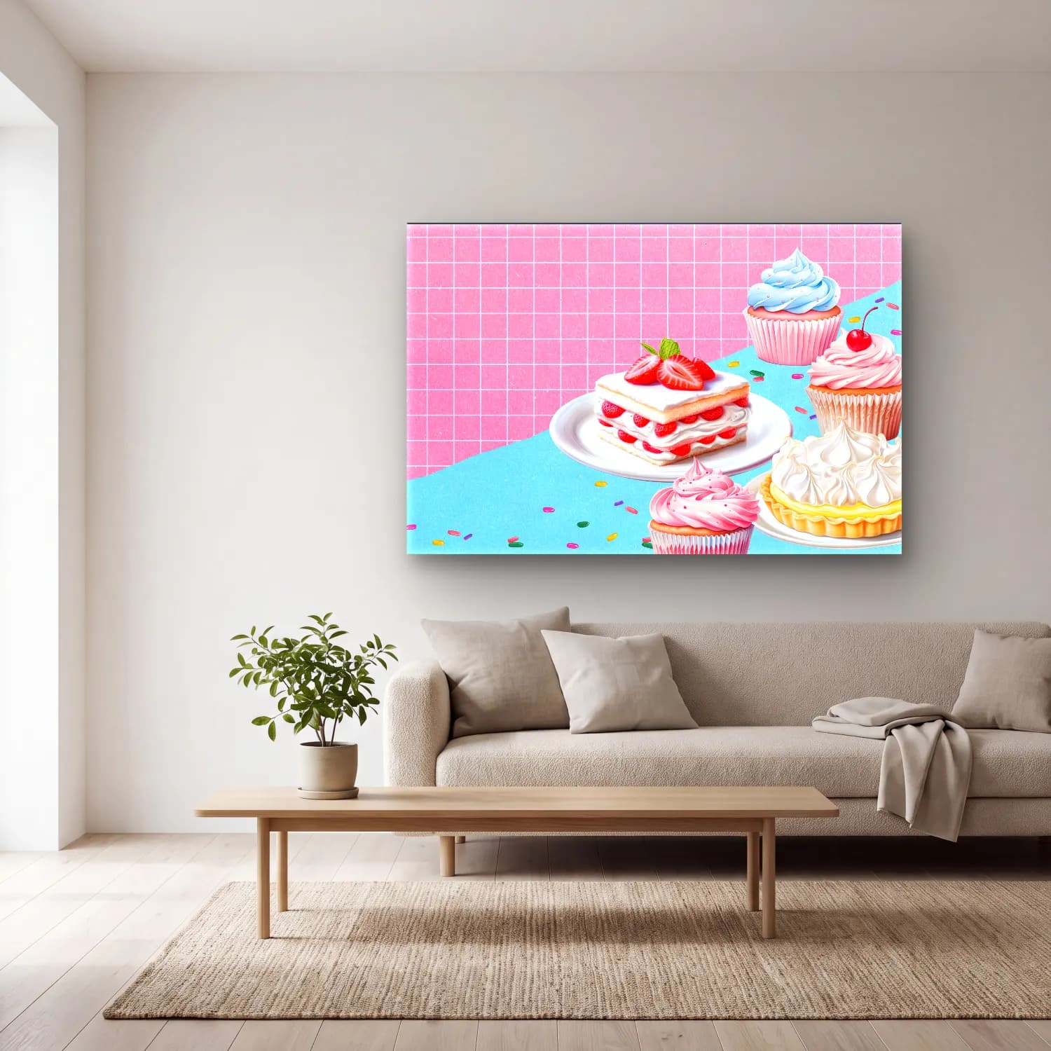 Pastel Tatlılar No. 23 cam tablo — açık renk salonda