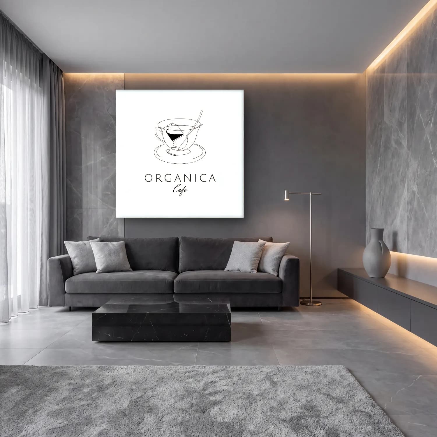 Çizgi Sanatı Kahve Fincanı – Siyah Beyaz Tonlar cam tablo — lüks salon duvarında