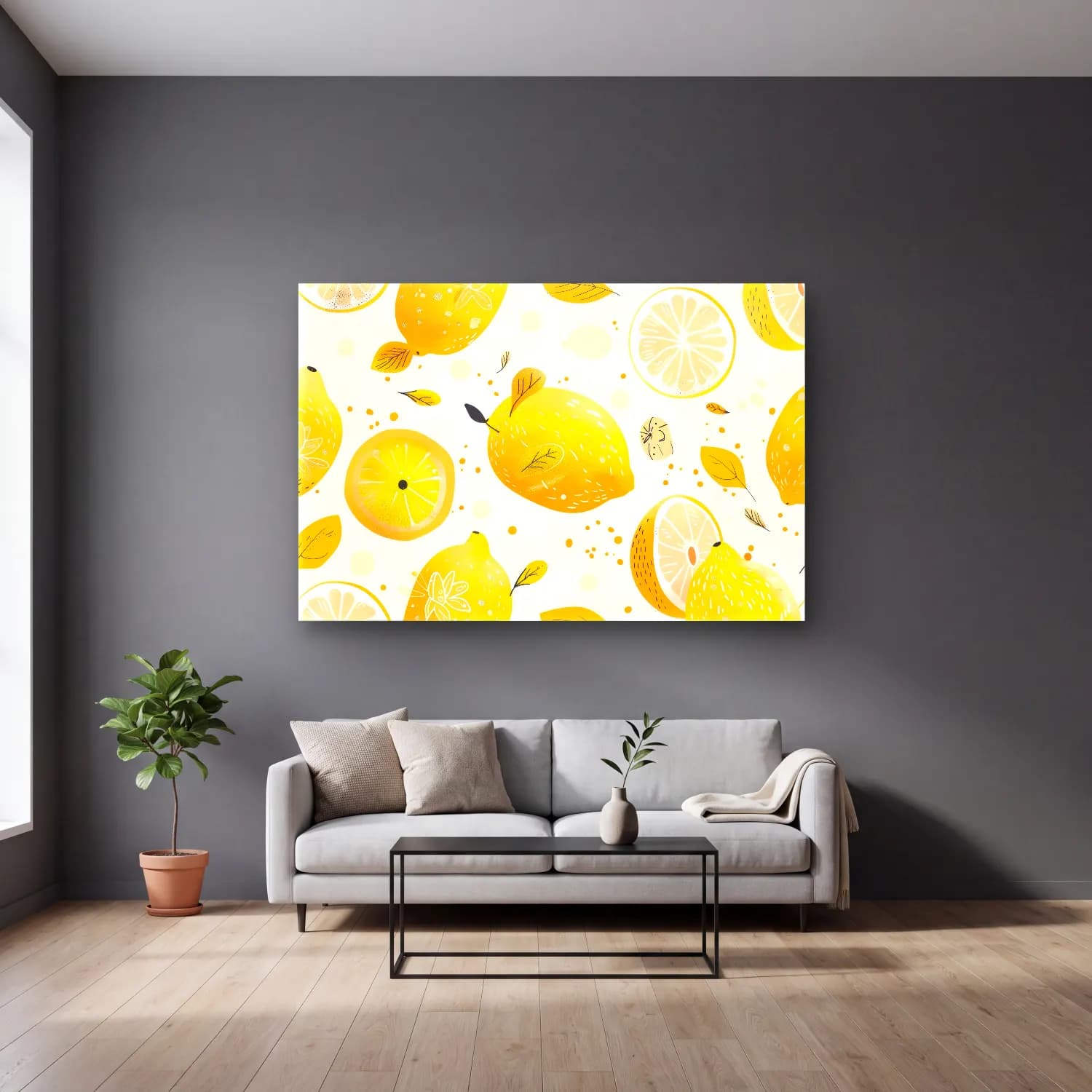 Retro Limonlar cam tablo — gri duvarlı salonda