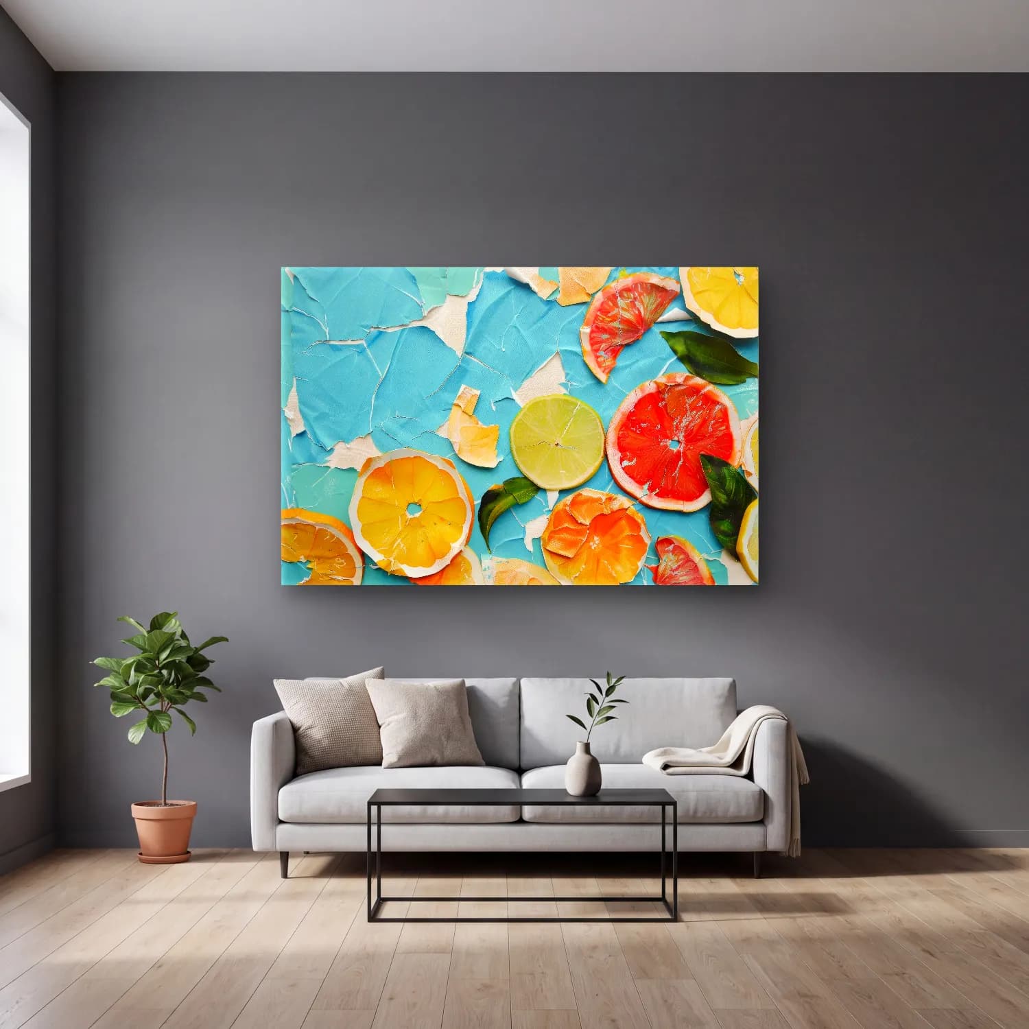 Pastel Limonlar – Turuncu Tonlar cam tablo — gri duvarlı salonda