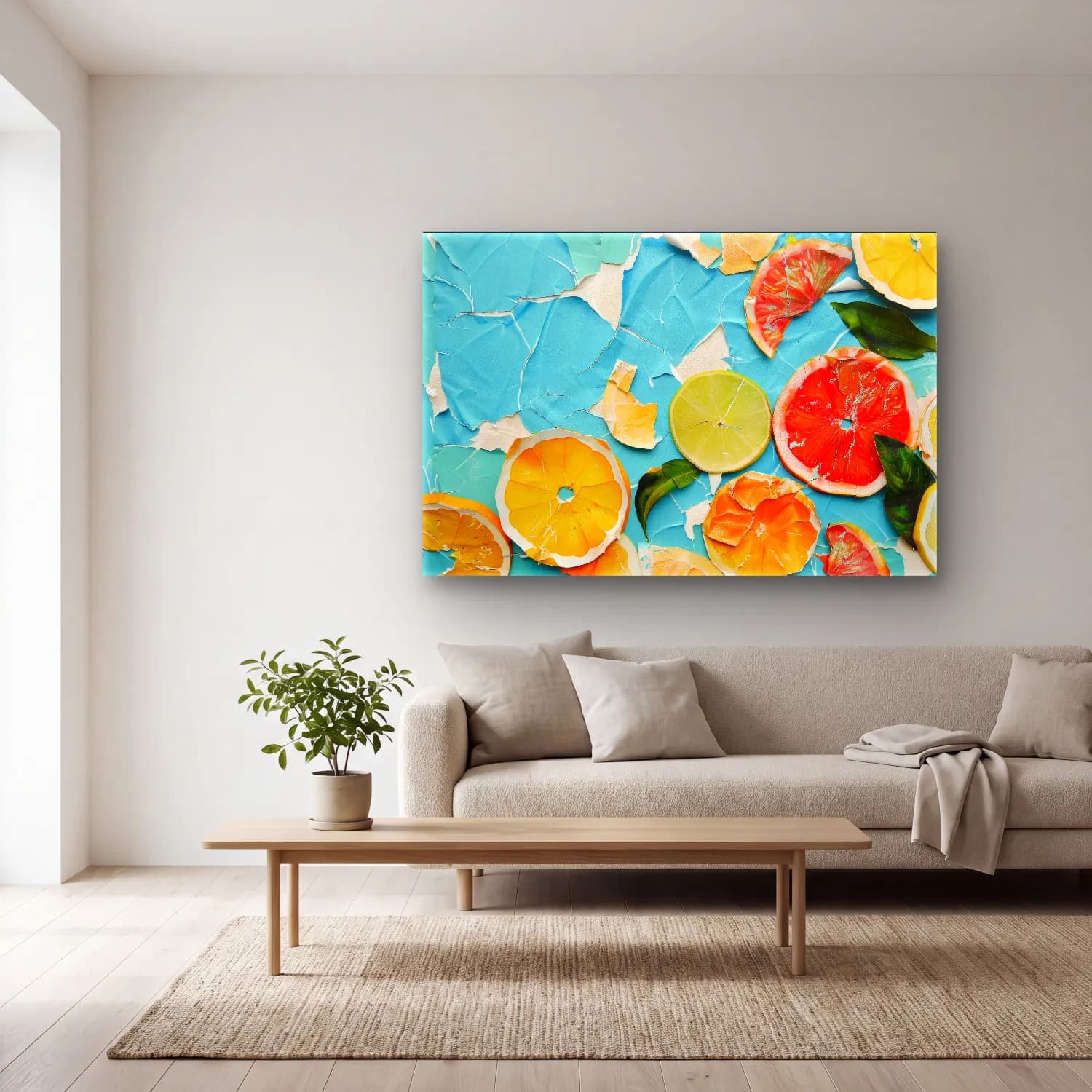 Pastel Limonlar – Turuncu Tonlar cam tablo — açık renk salonda