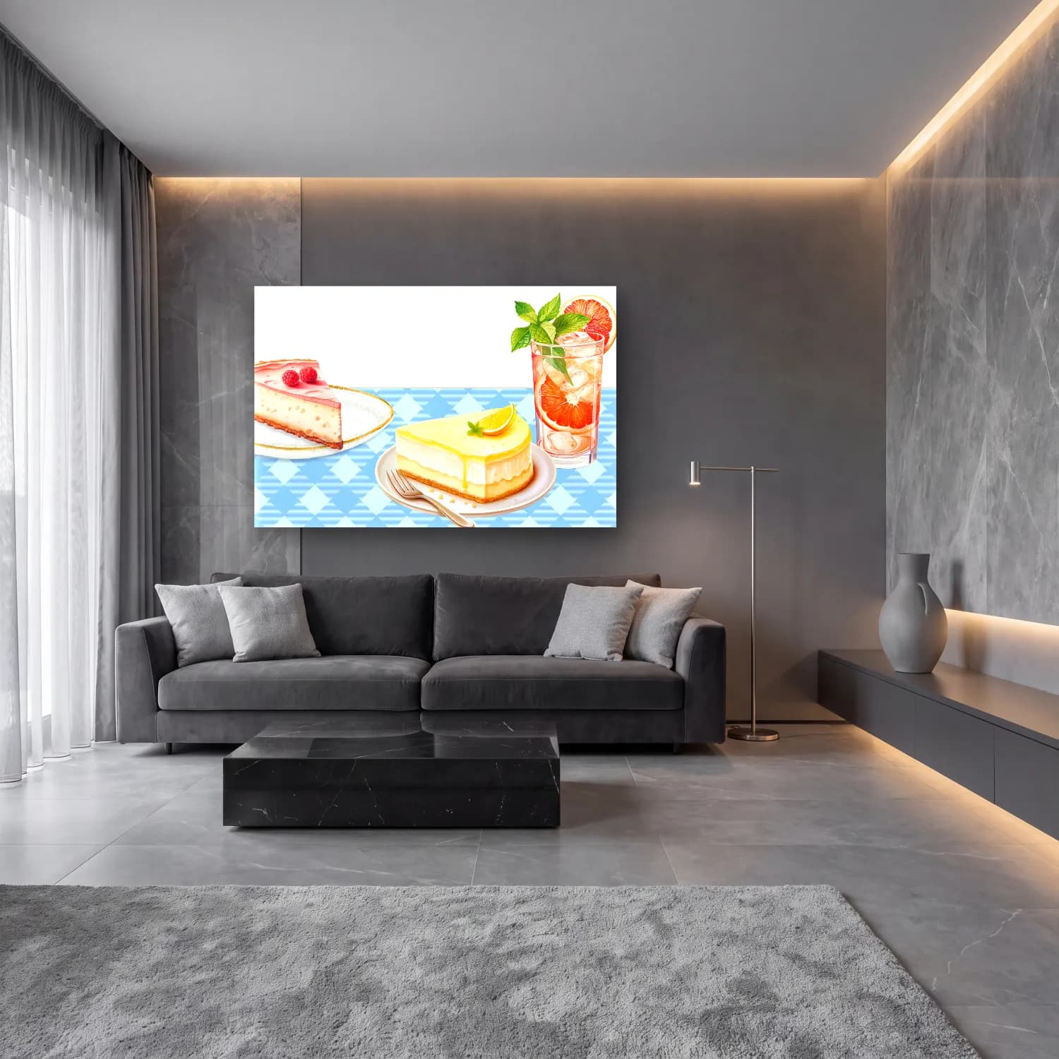 Pastel Tatlılar No. 25 cam tablo — lüks salon duvarında