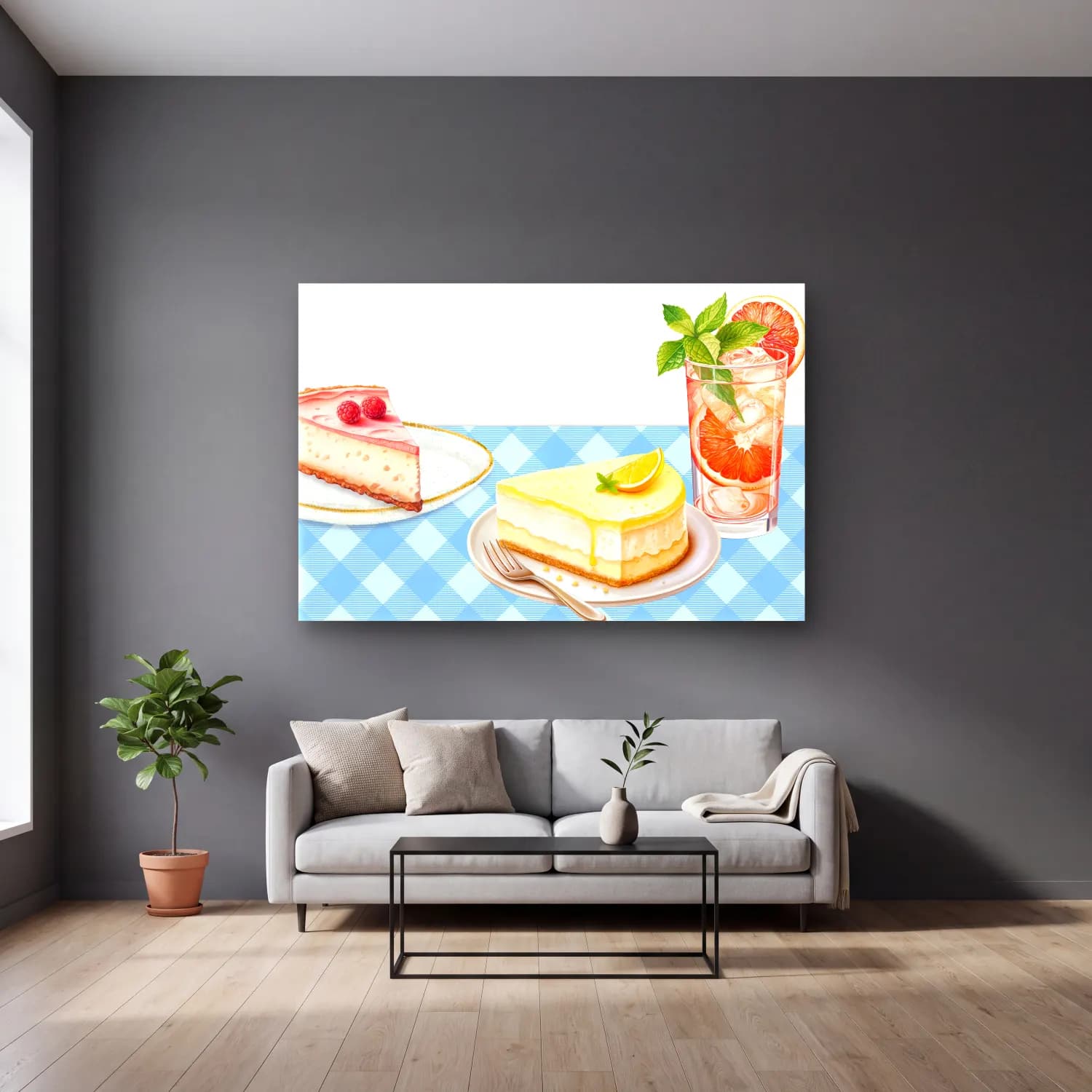 Pastel Tatlılar No. 25 cam tablo — gri duvarlı salonda