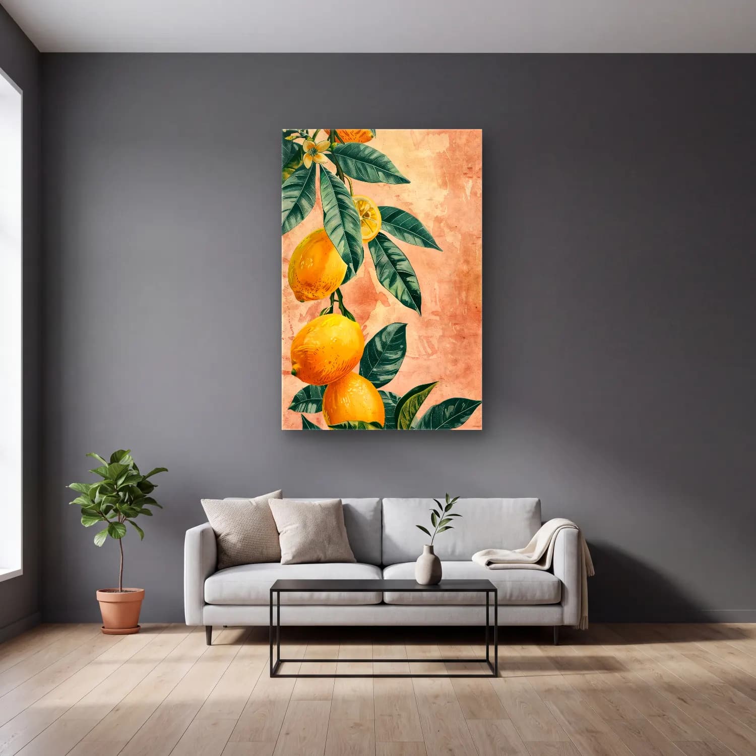 Botanik İllüstrasyon Limonlar – Sarı Tonlar cam tablo — gri duvarlı salonda