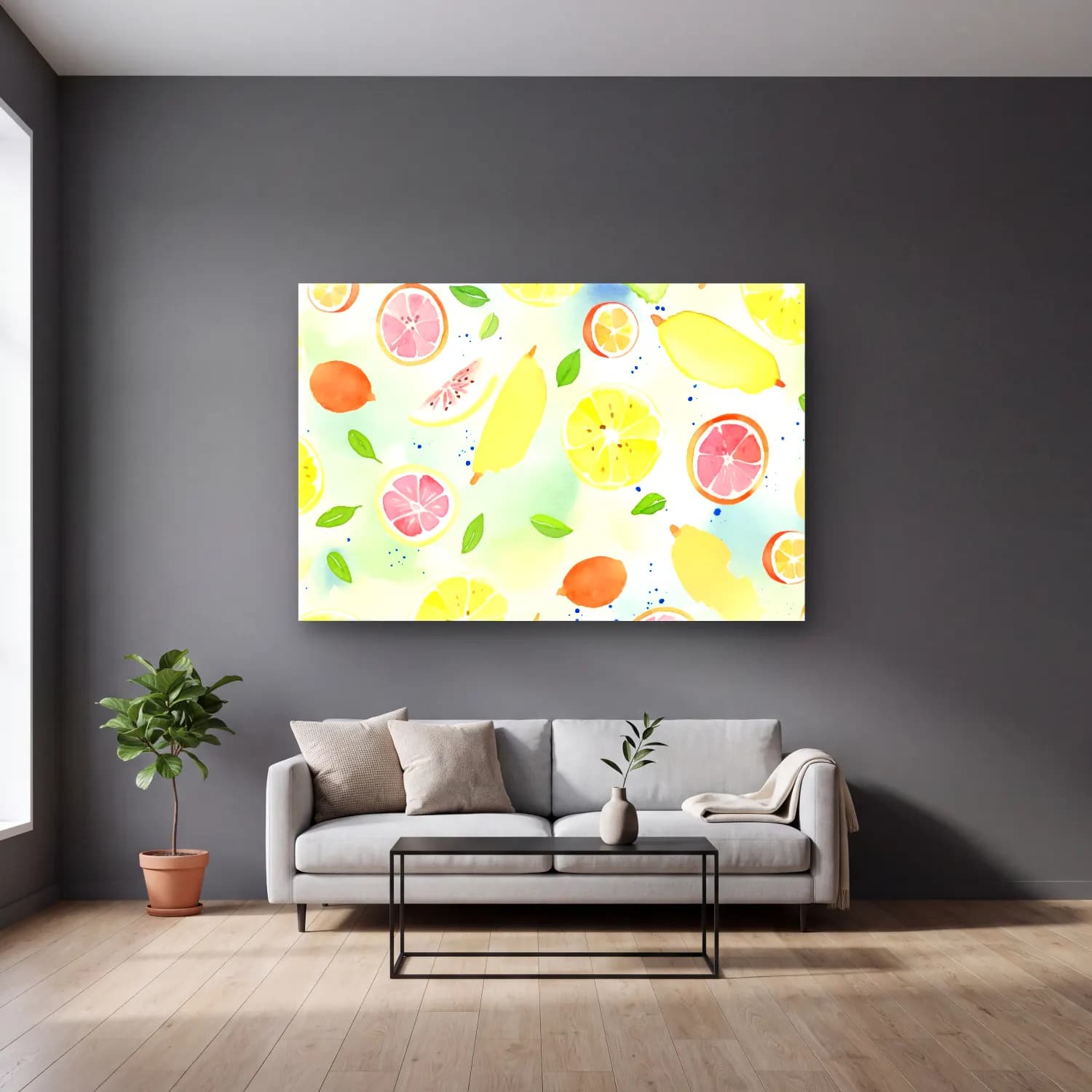 Pastel Limonlar – Sarı Tonlar cam tablo — gri duvarlı salonda