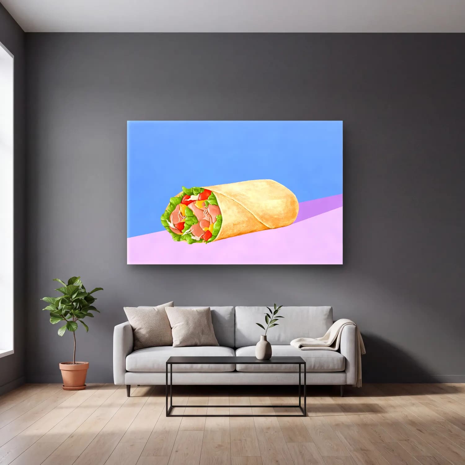 Pastel Peynir Tabağı – Pastel Tonlar cam tablo — gri duvarlı salonda