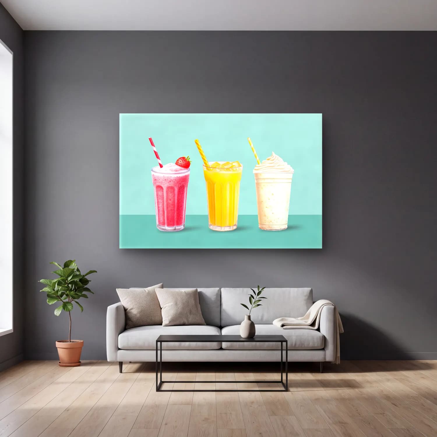 Pastel Dondurma No. 7 cam tablo — gri duvarlı salonda