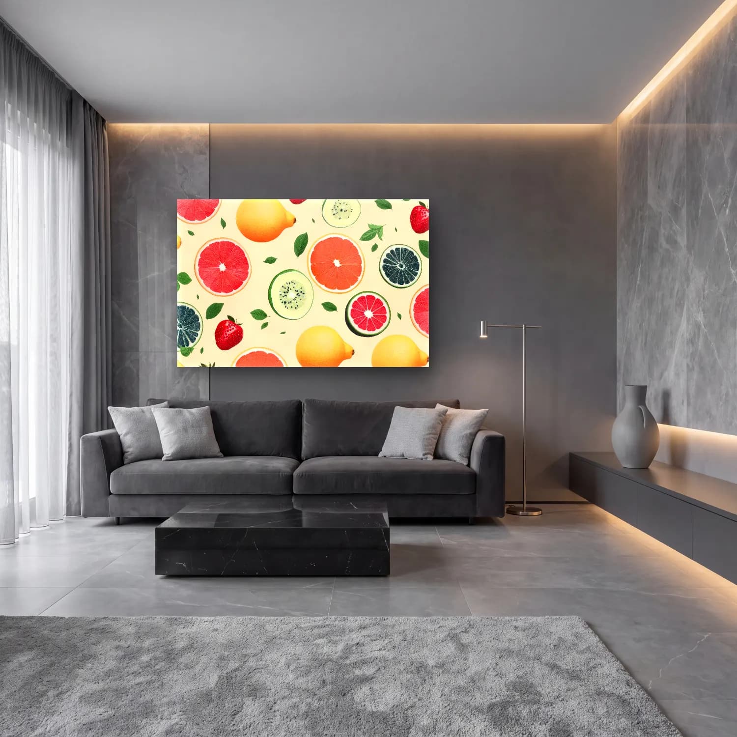 Pastel Meyveli Natürmort No. 6 cam tablo — lüks salon duvarında