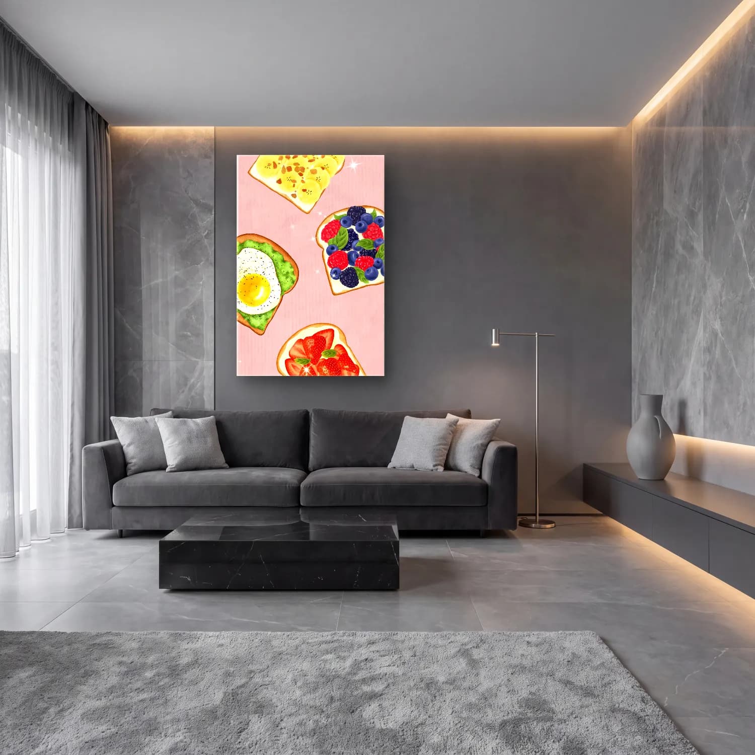 Pastel Ekmek ve Pastalar No. 5 cam tablo — lüks salon duvarında