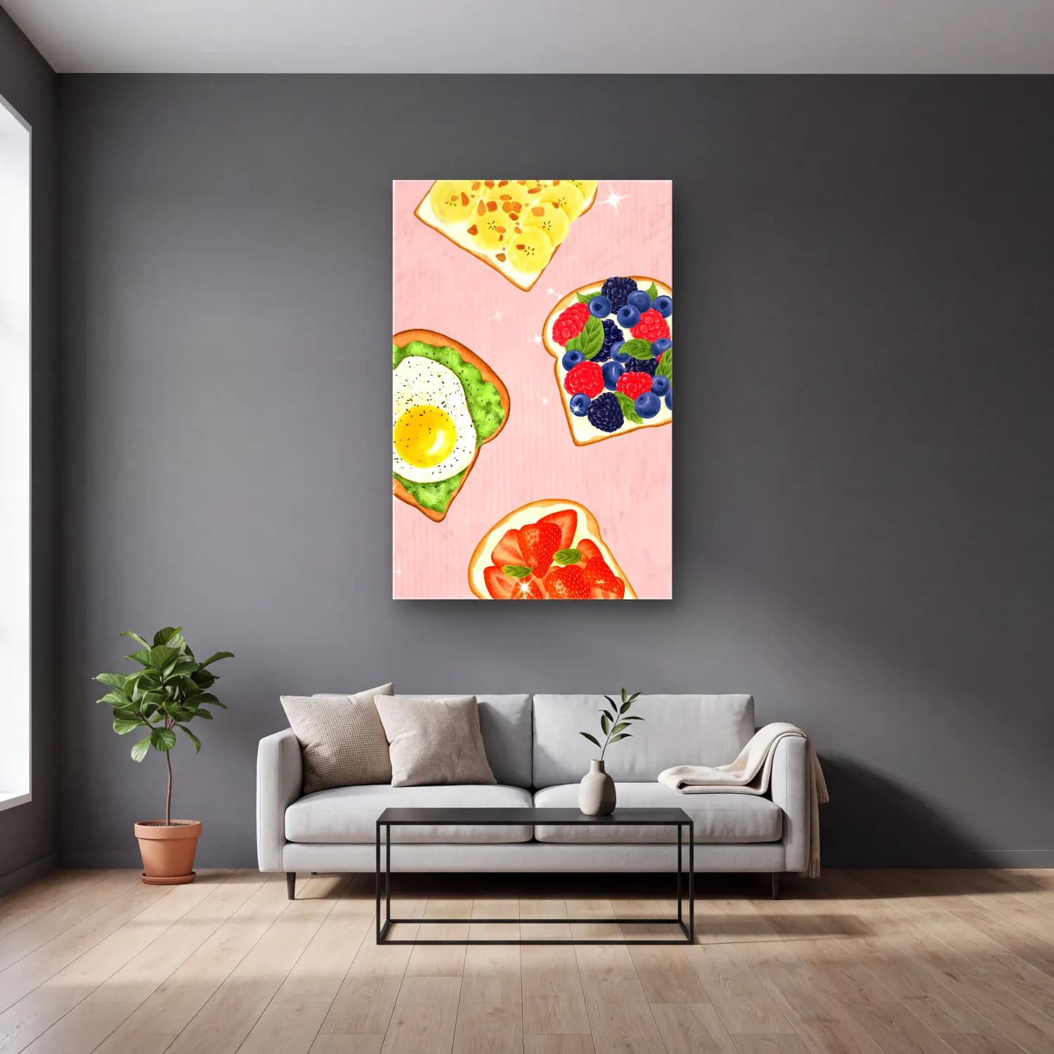 Pastel Ekmek ve Pastalar No. 5 cam tablo — gri duvarlı salonda