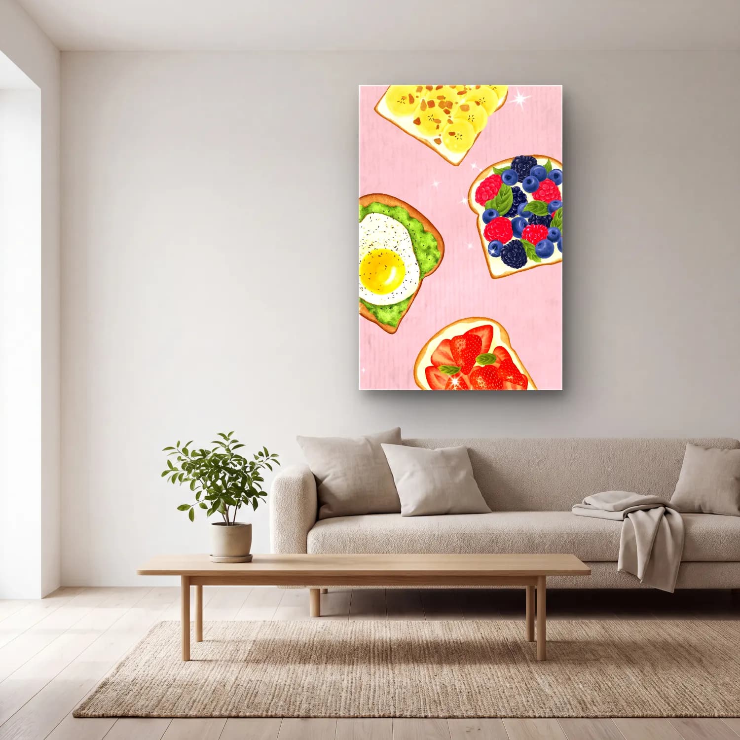 Pastel Ekmek ve Pastalar No. 5 cam tablo — açık renk salonda