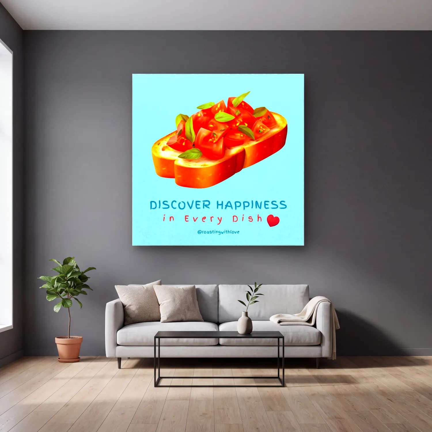 Sevimli İllüstrasyon Makarna – Pastel Tonlar cam tablo — gri duvarlı salonda