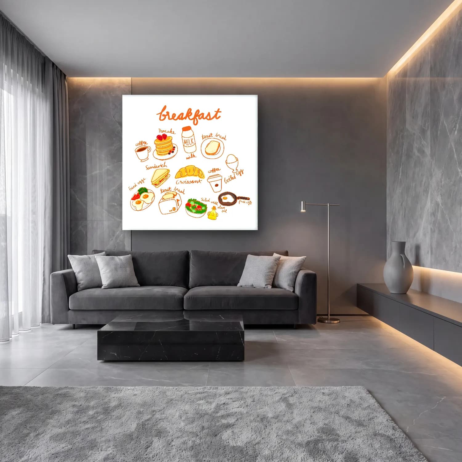 Sevimli İllüstrasyon Ekmek ve Pastalar – Turuncu Tonlar cam tablo — lüks salon duvarında