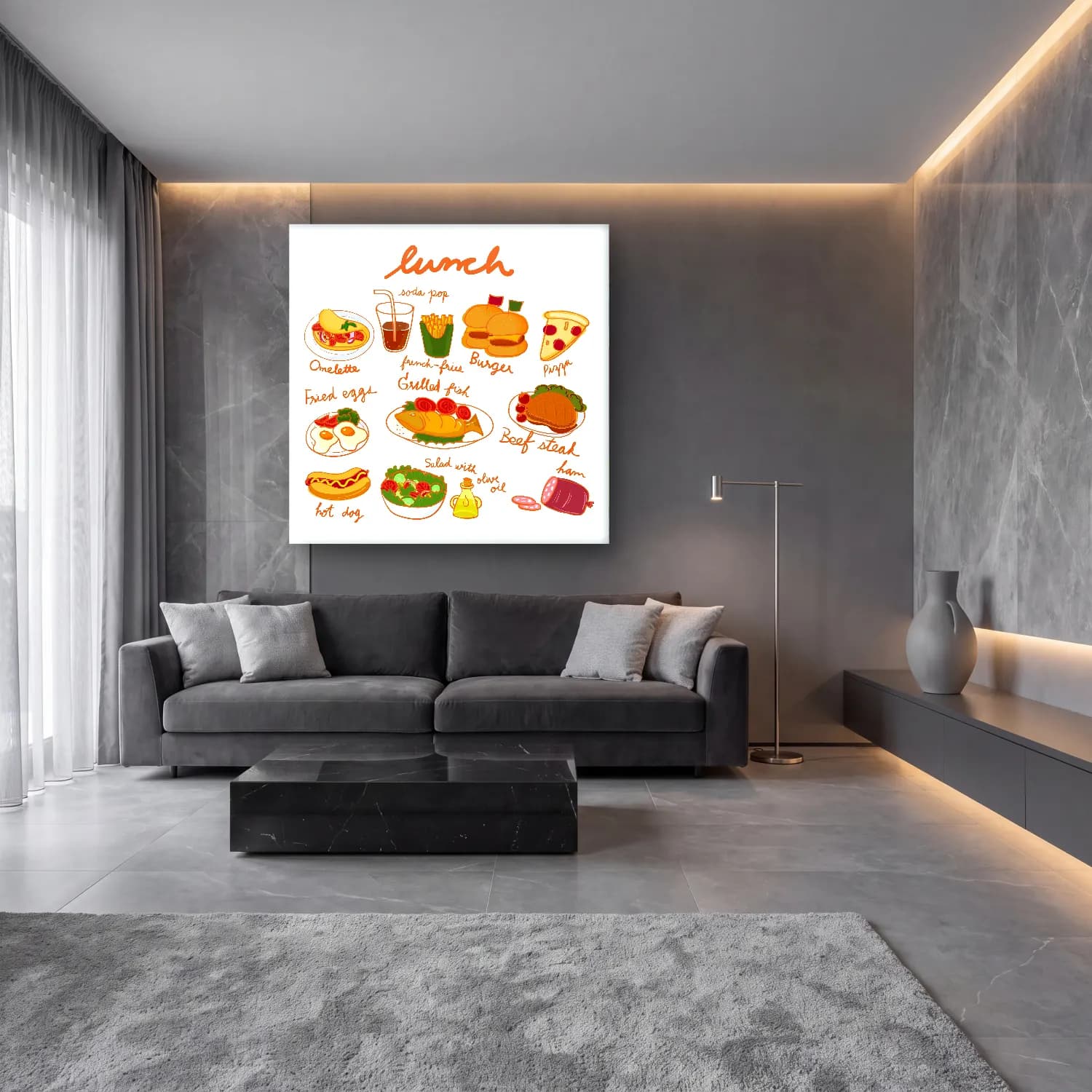 Sevimli İllüstrasyon Makarna – Bej Tonlar cam tablo — lüks salon duvarında