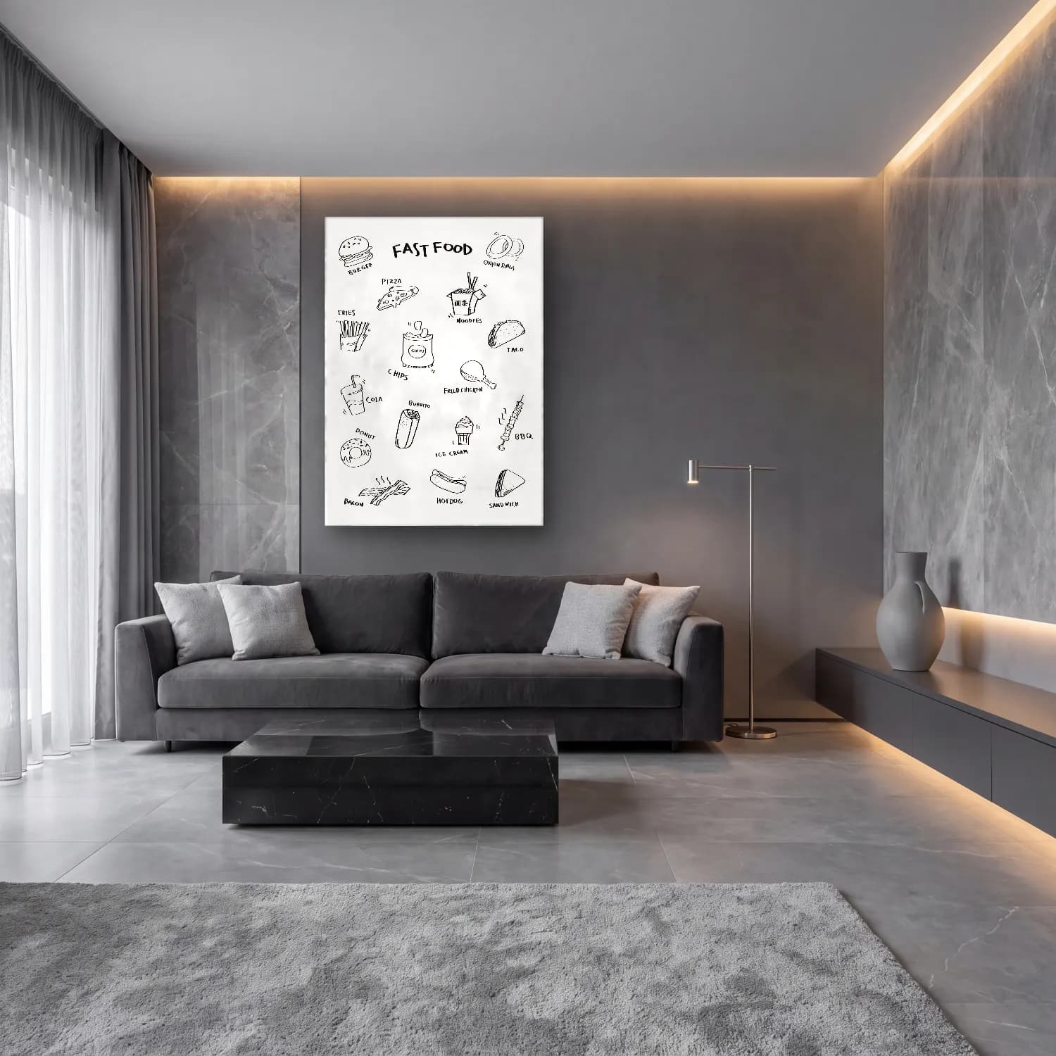 Çizgi Sanatı Makarna – Siyah Beyaz Tonlar cam tablo — lüks salon duvarında