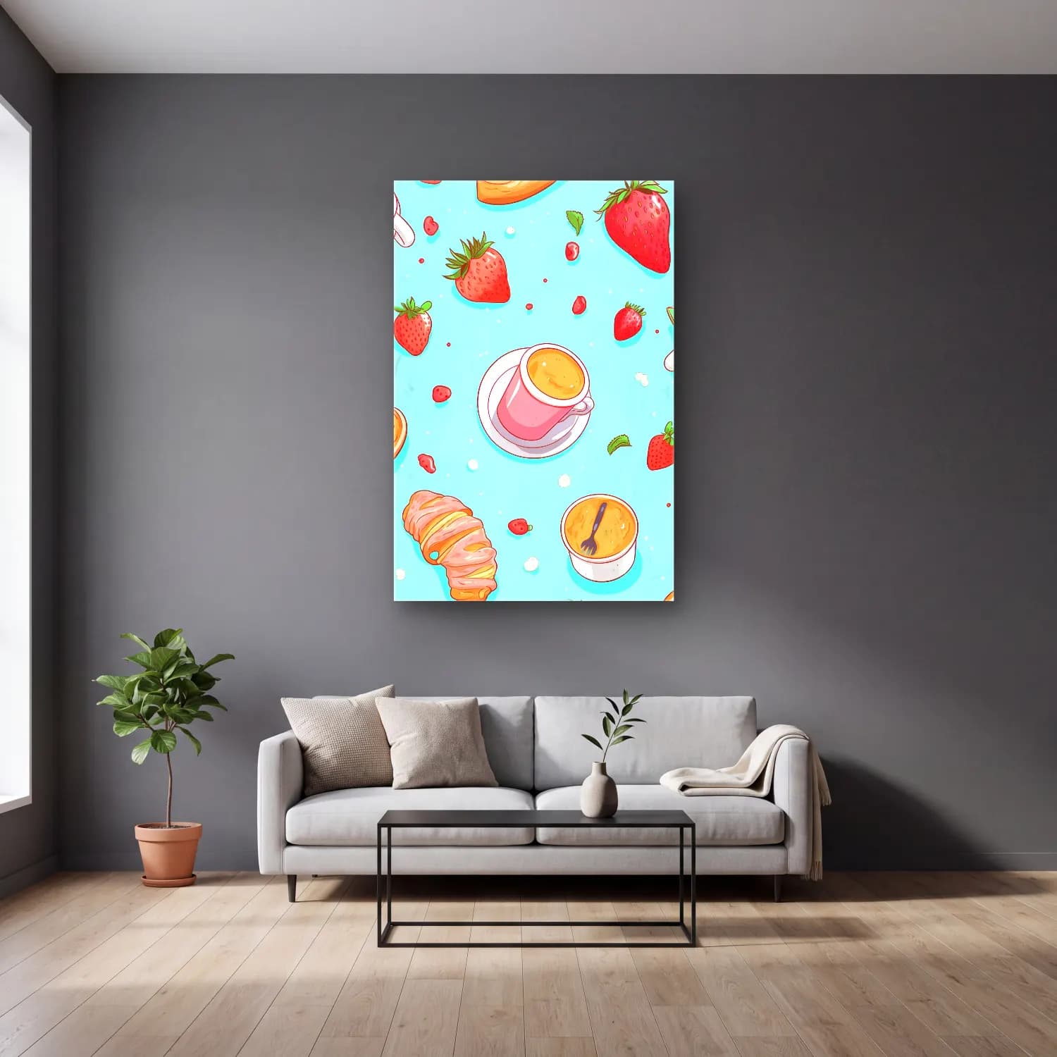 Pastel Tatlılar No. 30 cam tablo — gri duvarlı salonda