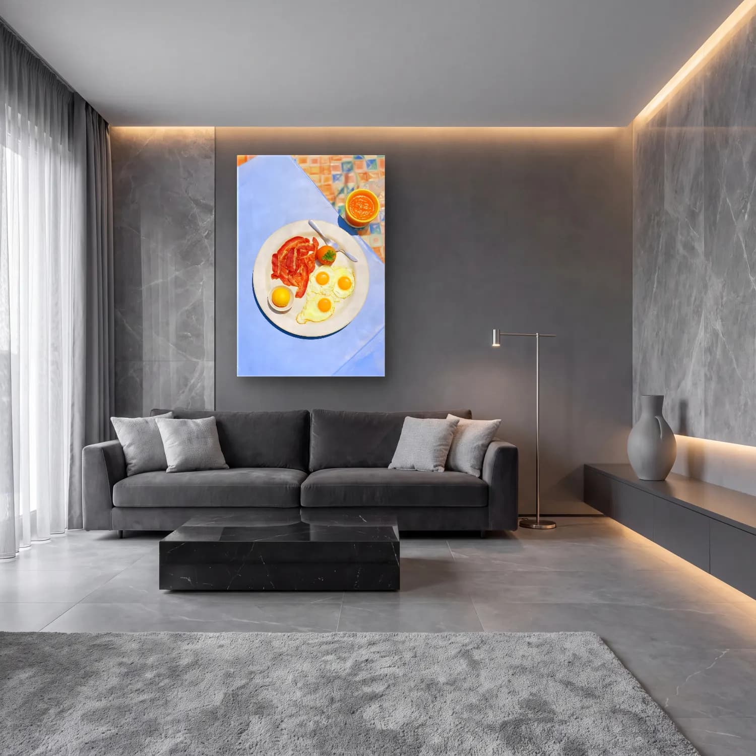 Pastel Portakallar No. 7 cam tablo — lüks salon duvarında