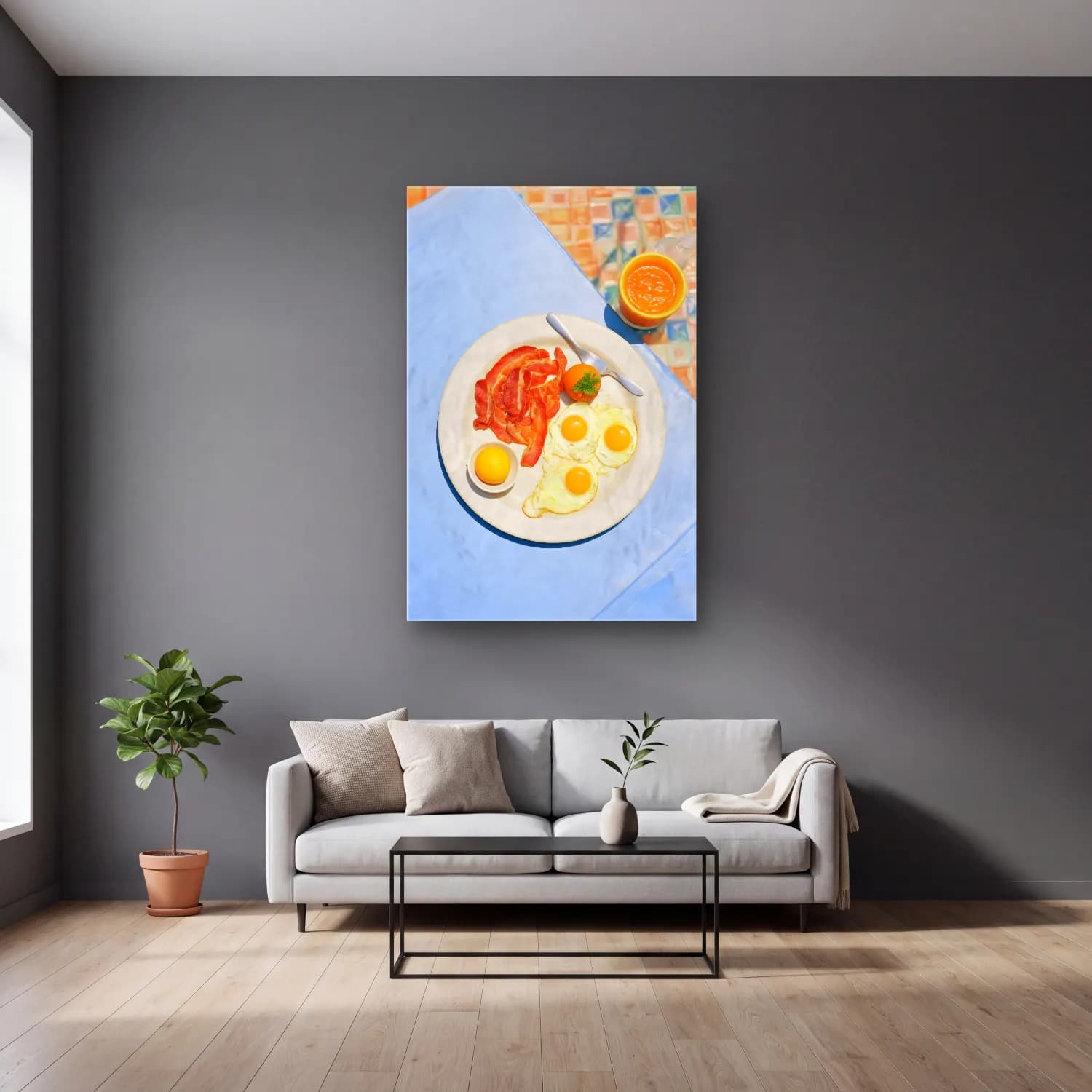 Pastel Portakallar No. 7 cam tablo — gri duvarlı salonda