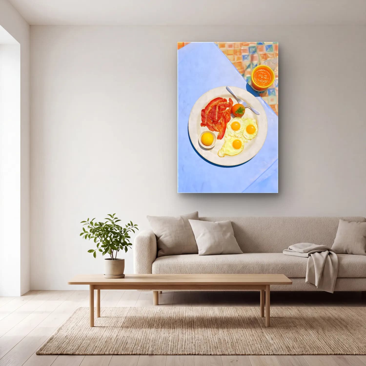 Pastel Portakallar No. 7 cam tablo — açık renk salonda