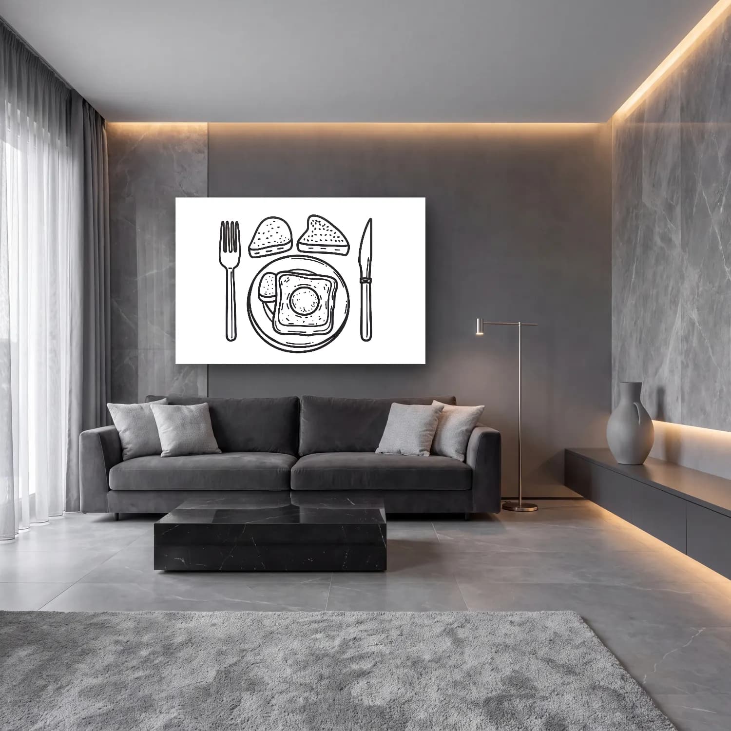 Çizgi Sanatı Ekmek ve Pastalar cam tablo — lüks salon duvarında