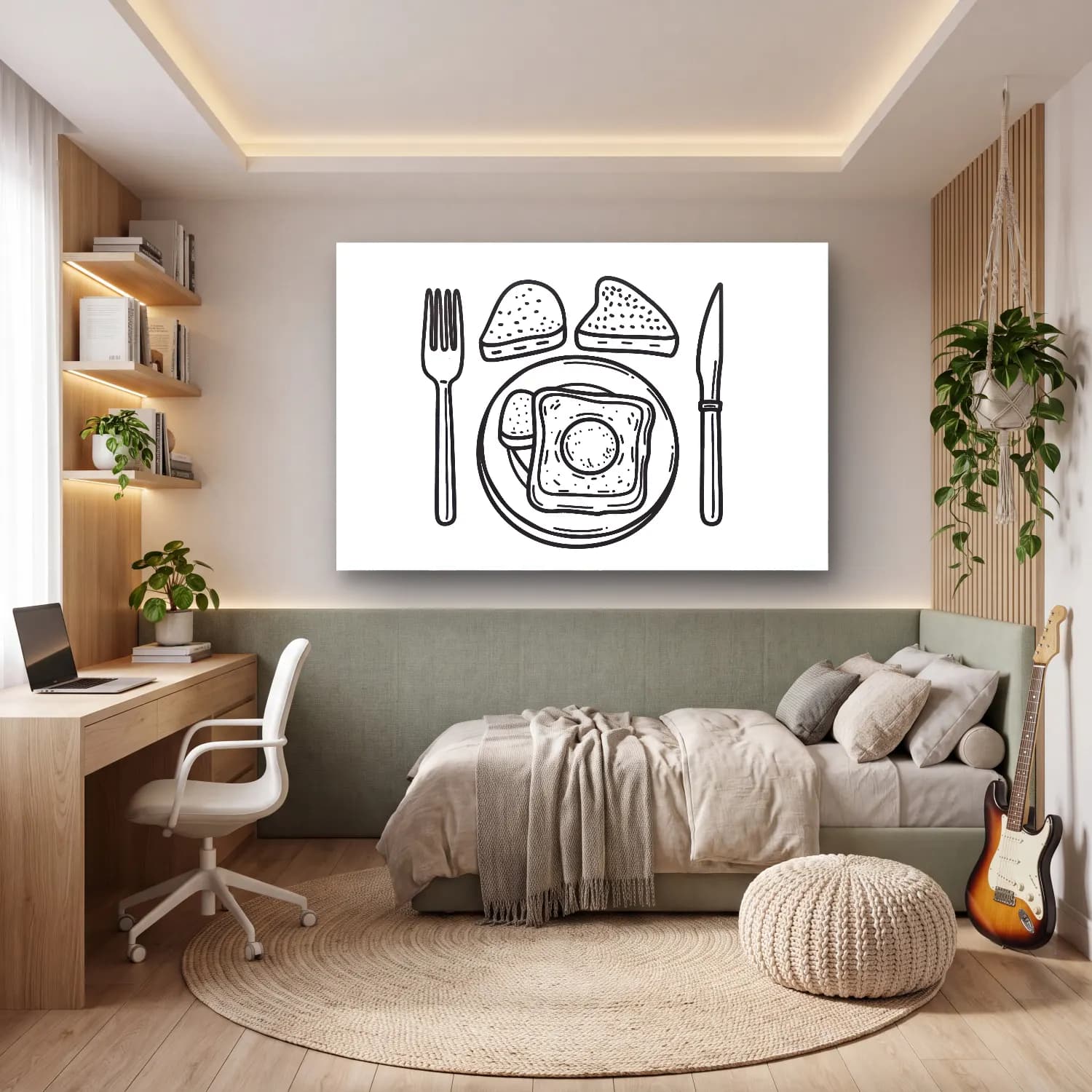 Çizgi Sanatı Ekmek ve Pastalar cam tablo — genç odasında