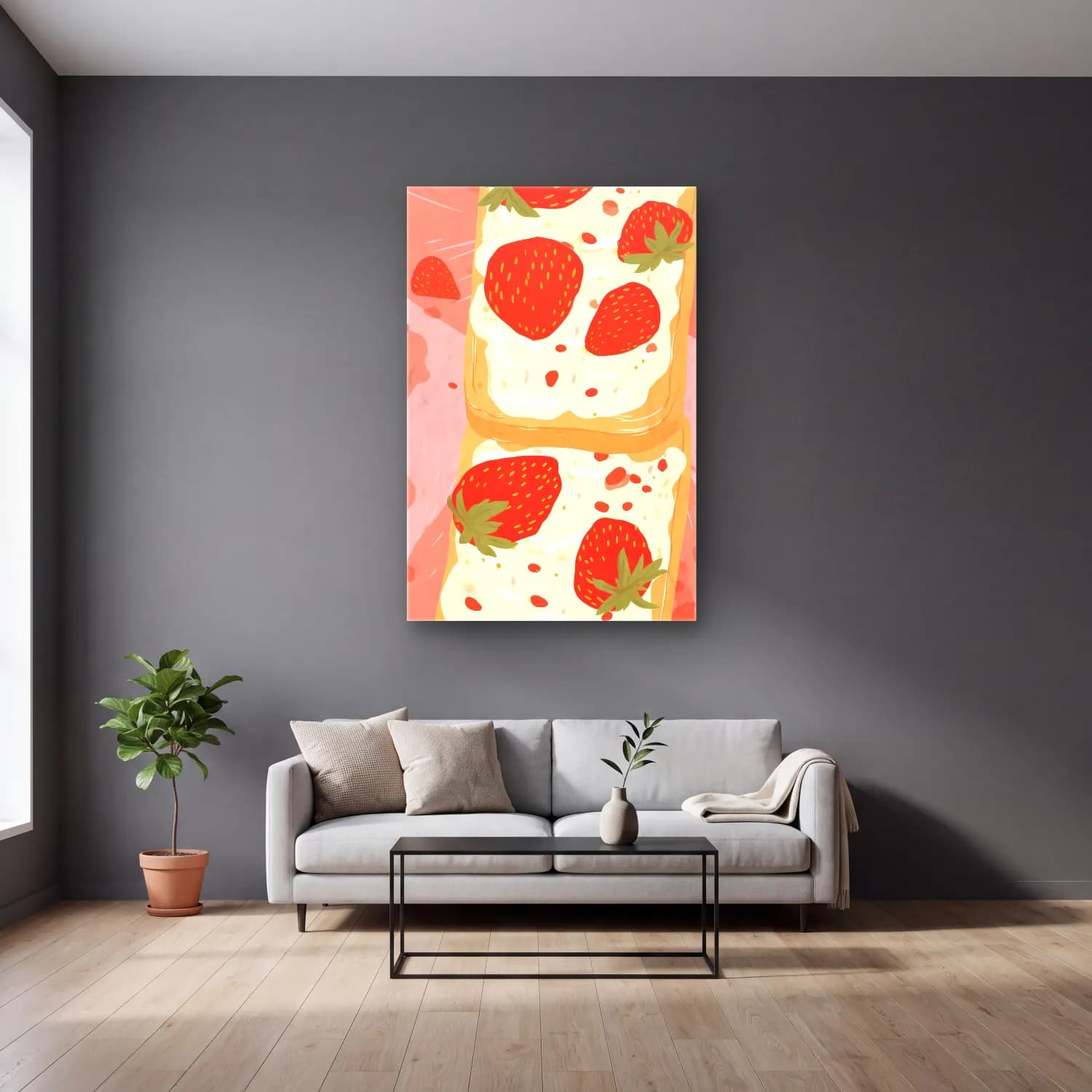 Pastel Çilekler No. 7 cam tablo — gri duvarlı salonda