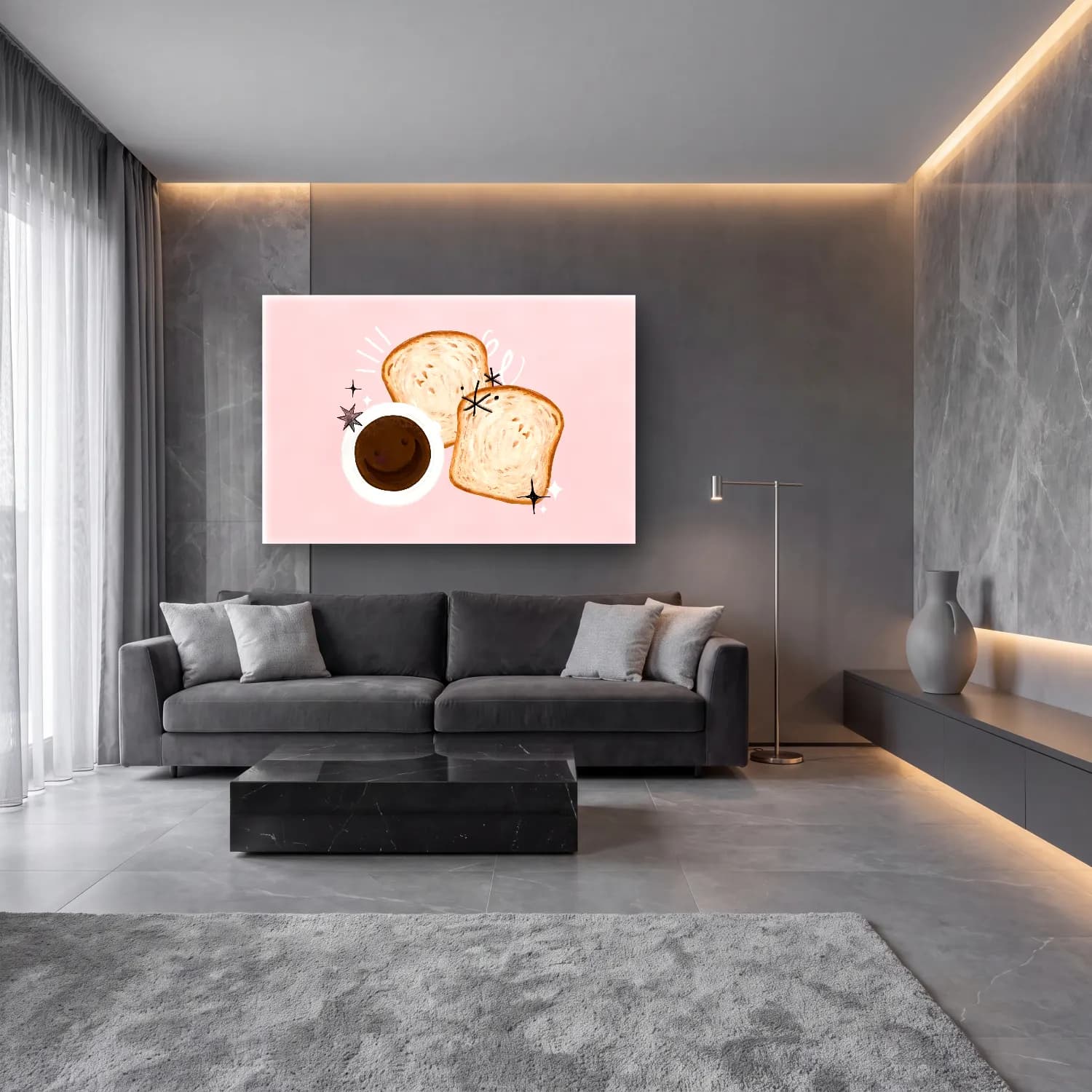 Sevimli İllüstrasyon Ekmek ve Pastalar – Pembe Tonlar cam tablo — lüks salon duvarında