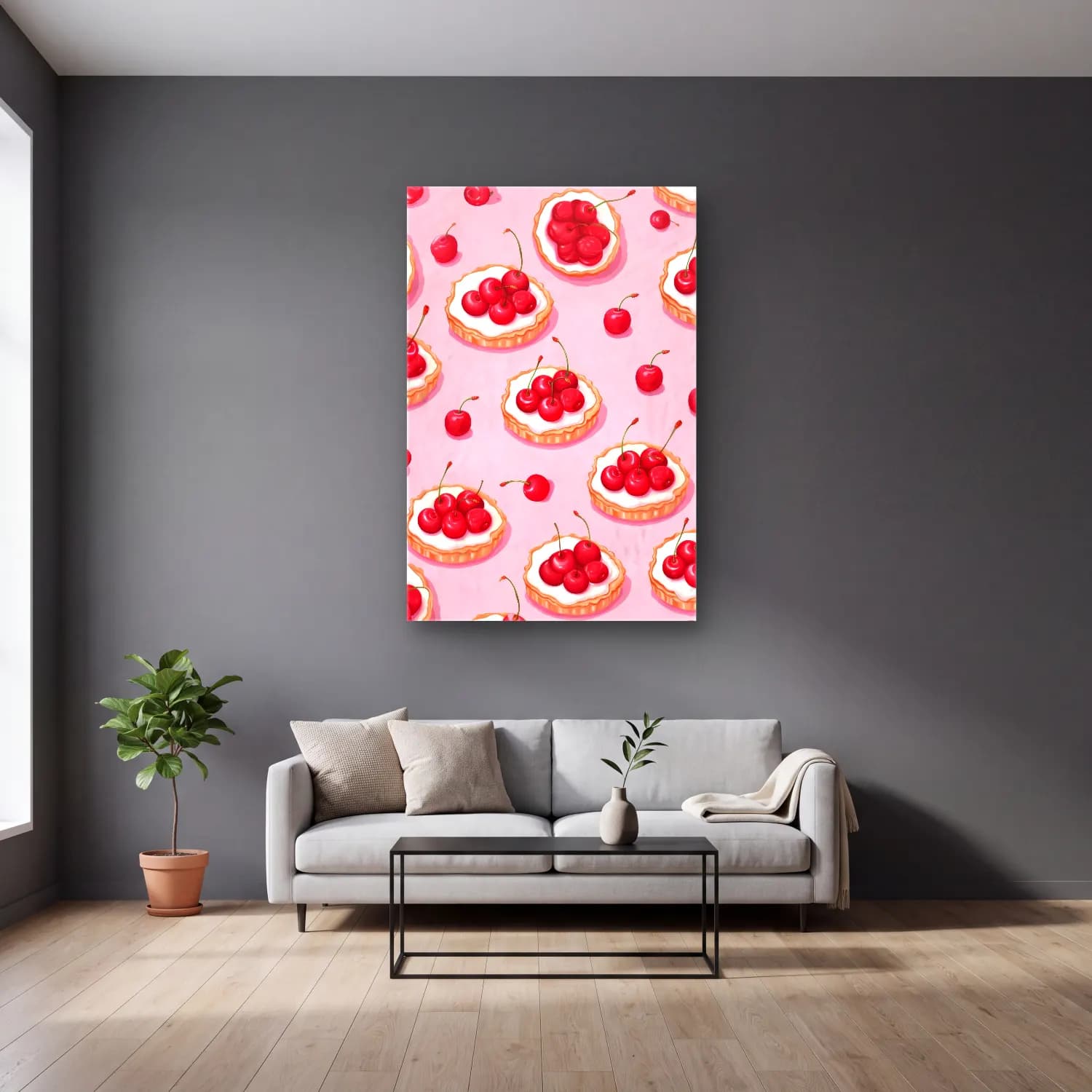 Pastel Tatlılar No. 31 cam tablo — gri duvarlı salonda