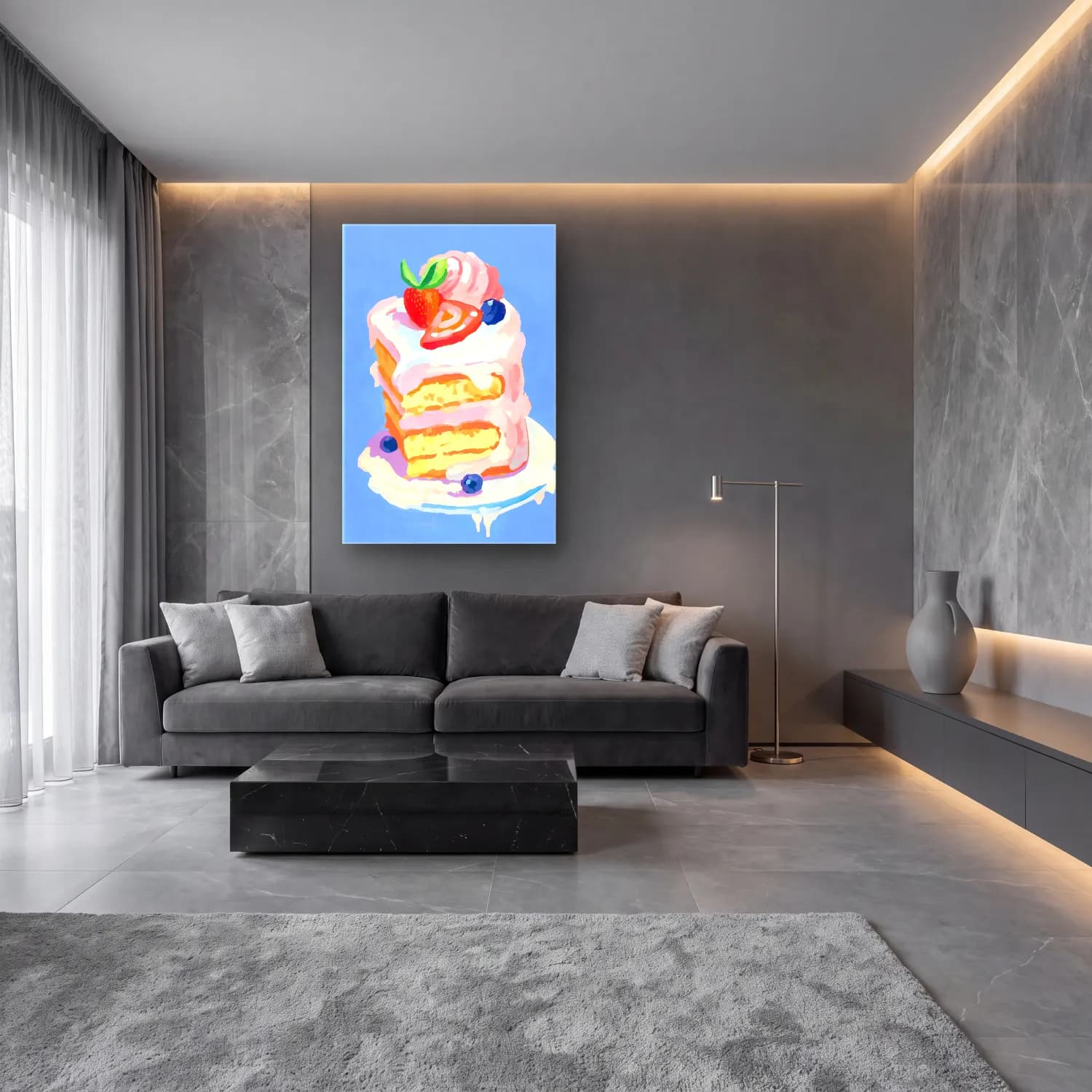 Pastel Tatlılar No. 32 cam tablo — lüks salon duvarında