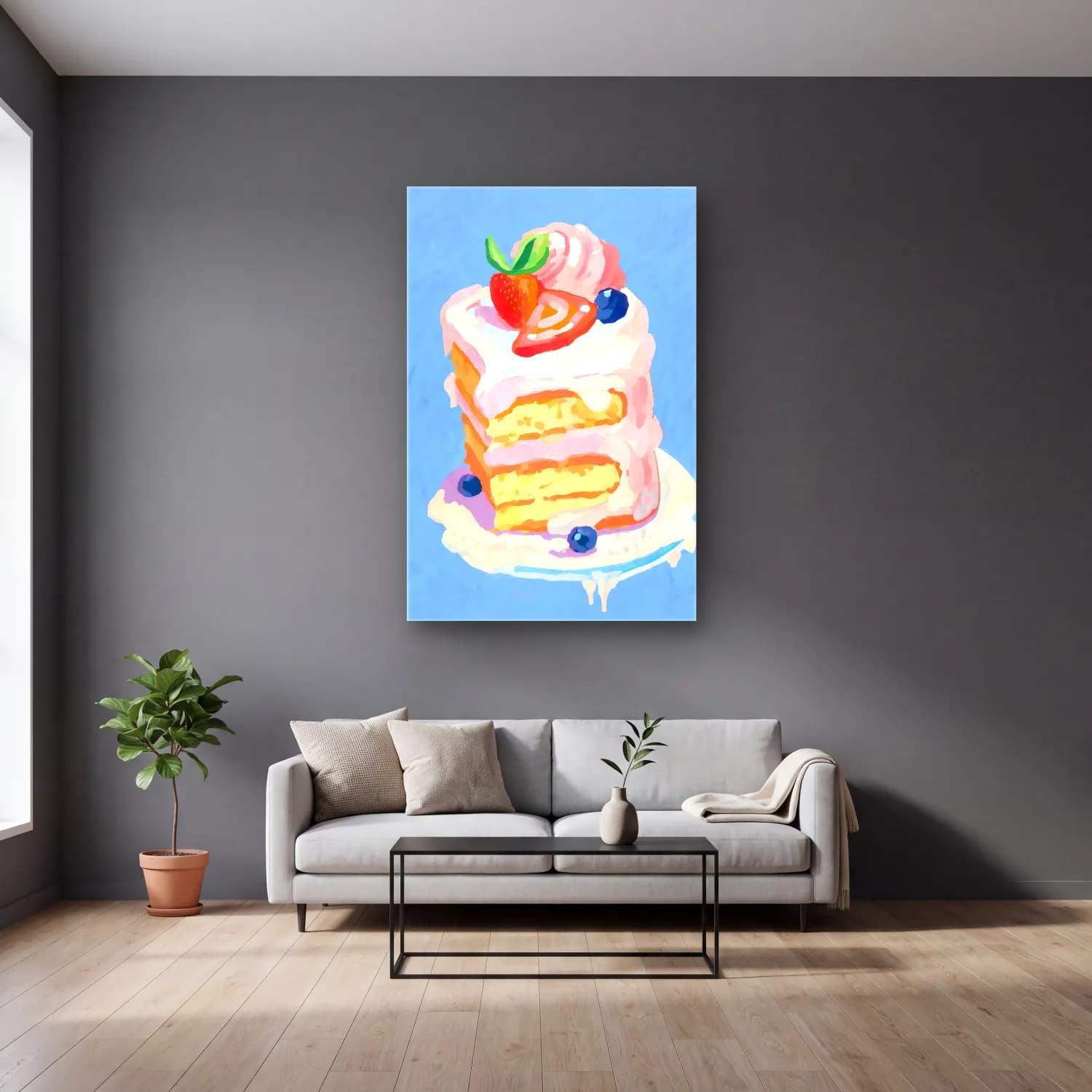 Pastel Tatlılar No. 32 cam tablo — gri duvarlı salonda