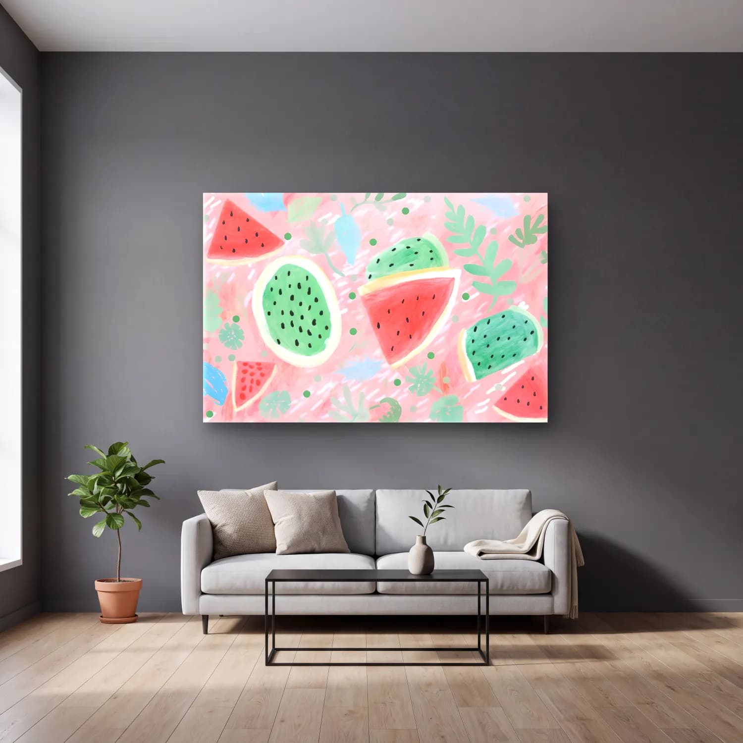 Pastel Karpuz No. 6 cam tablo — gri duvarlı salonda