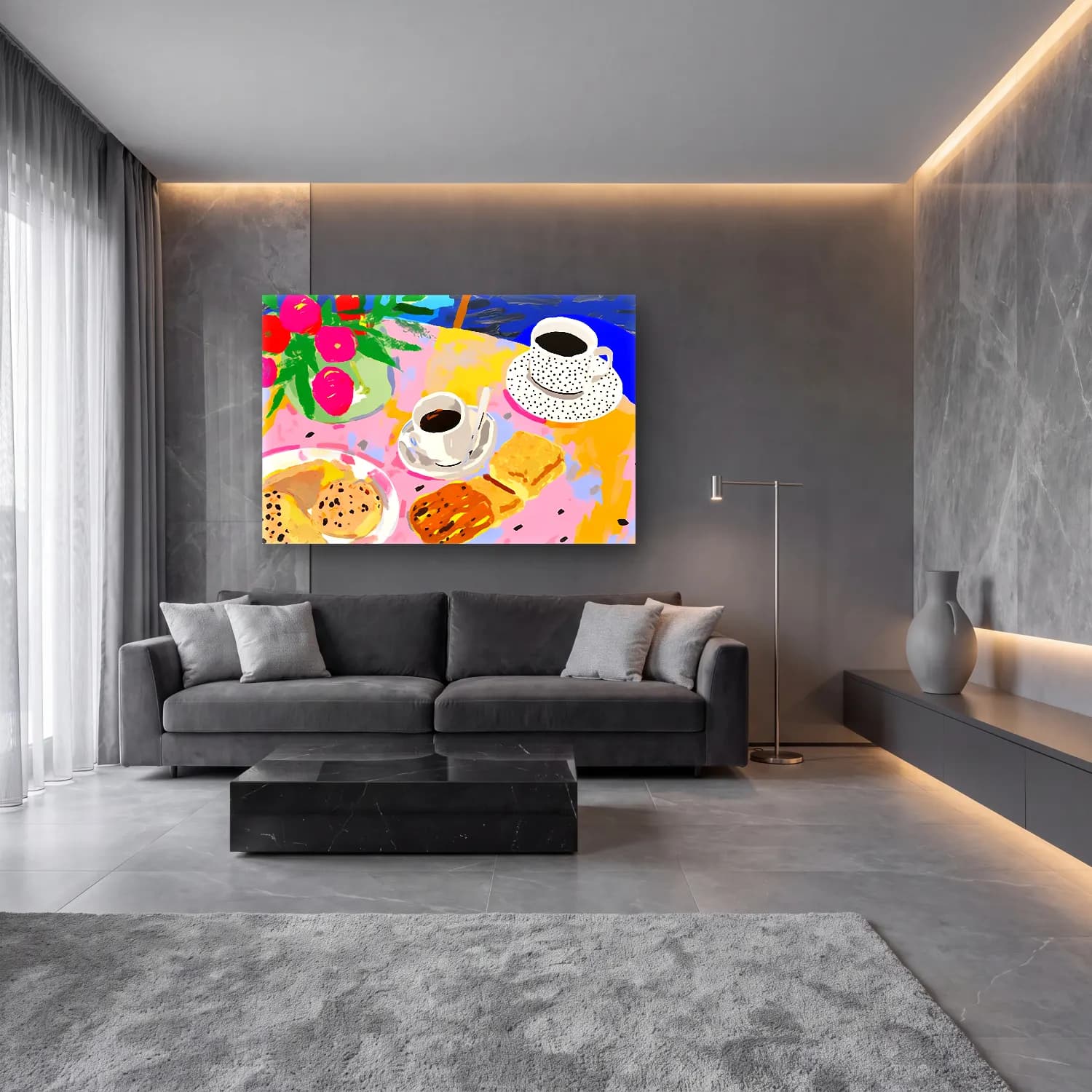 Maksimalist Ekmek ve Pastalar – Pembe Tonlar cam tablo — lüks salon duvarında