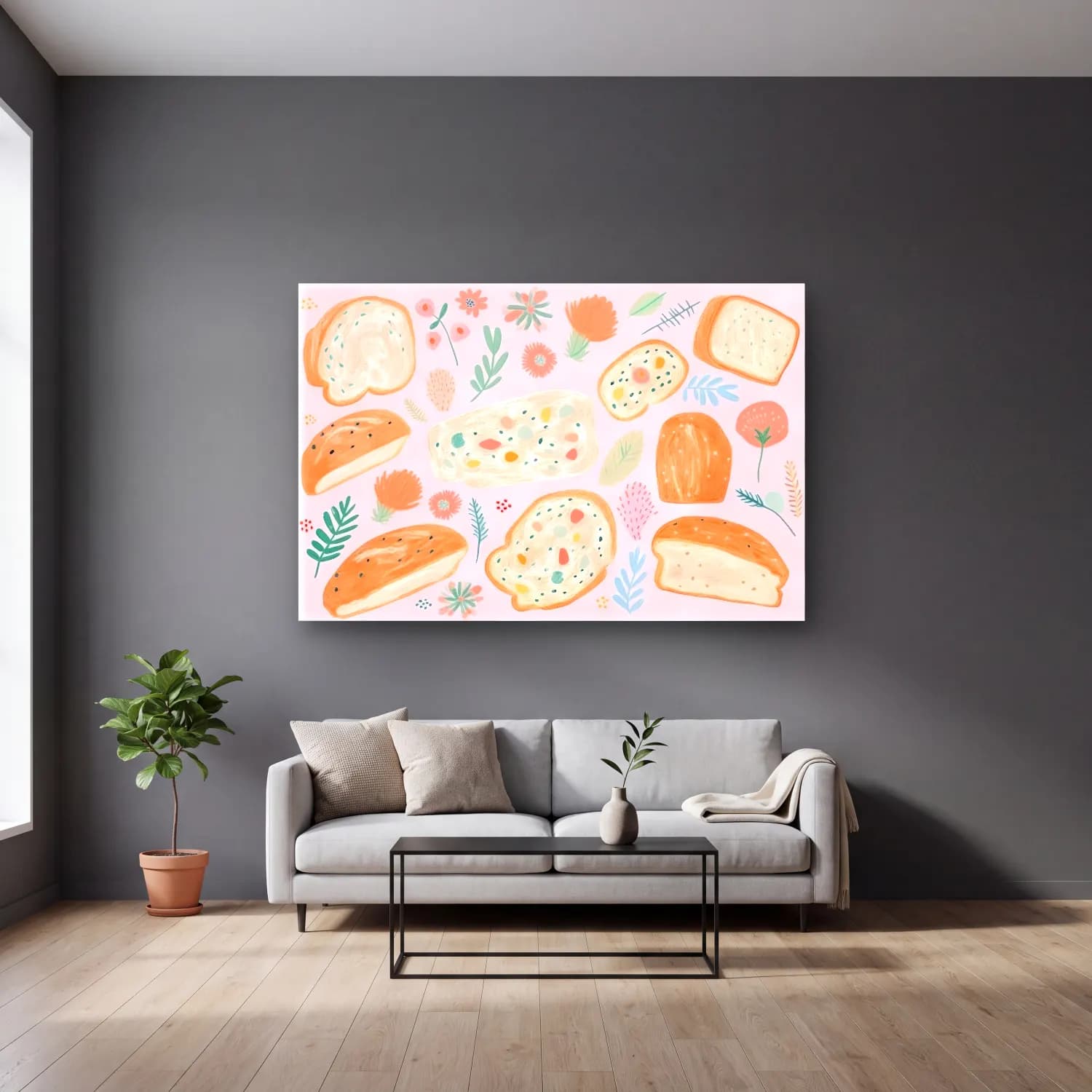 Pastel Ekmek ve Pastalar No. 9 cam tablo — gri duvarlı salonda