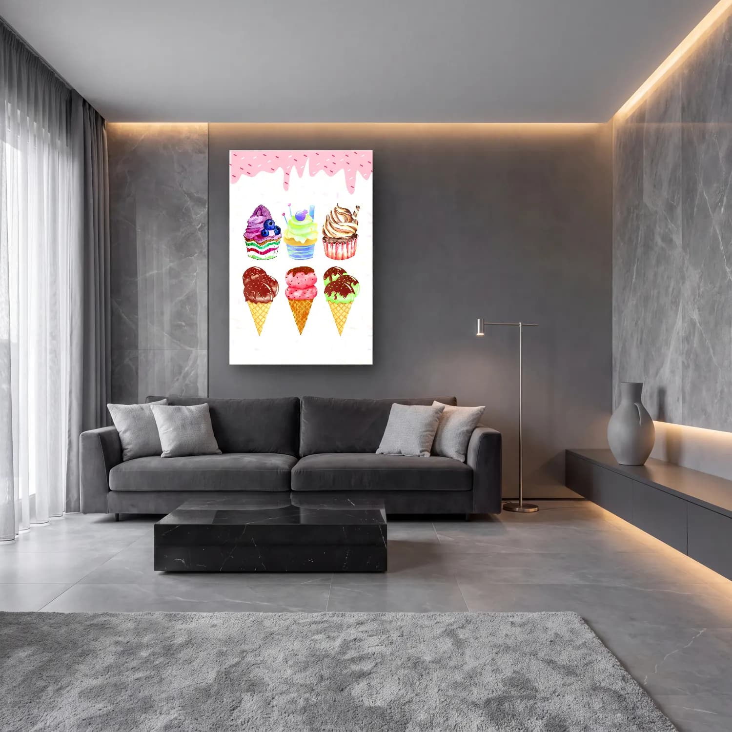 Pastel Tatlılar No. 33 cam tablo — lüks salon duvarında