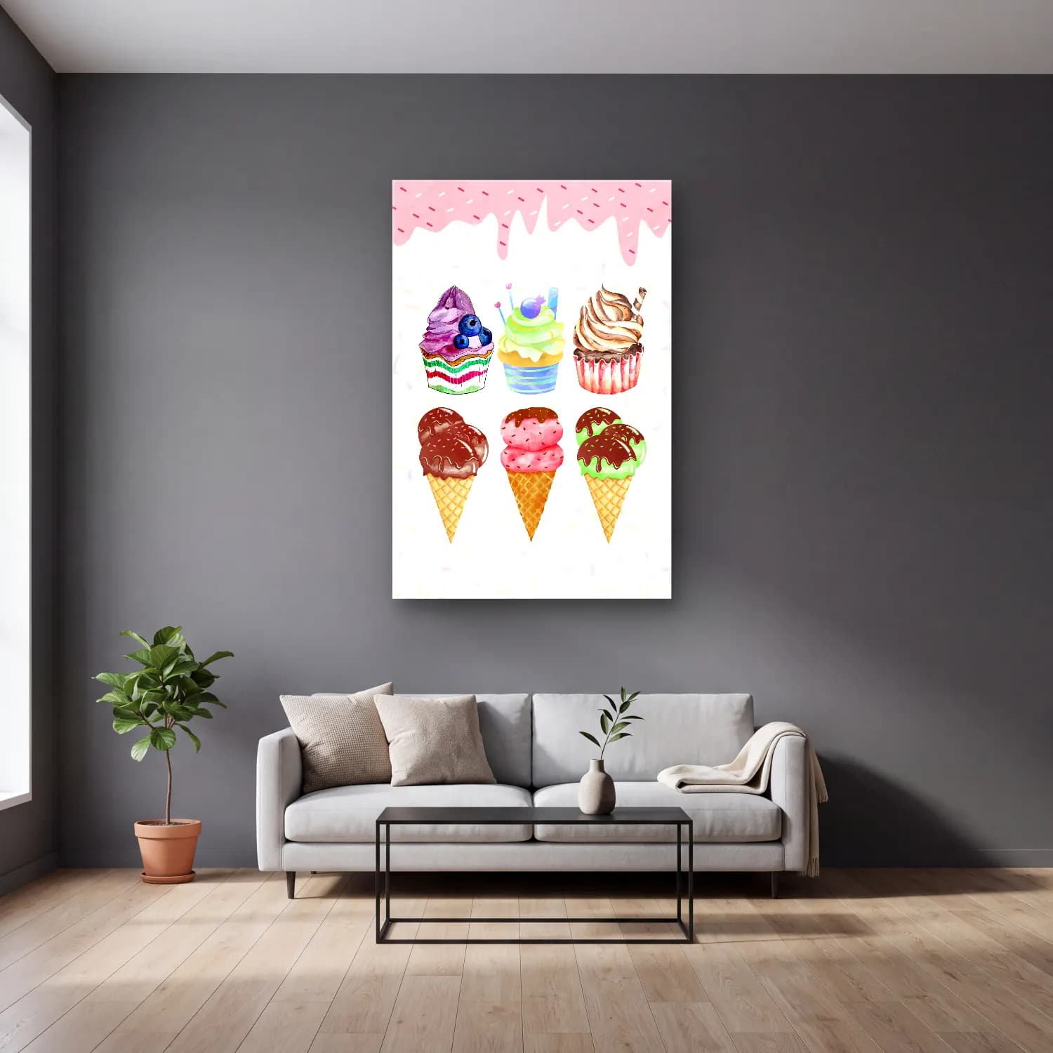 Pastel Tatlılar No. 33 cam tablo — gri duvarlı salonda