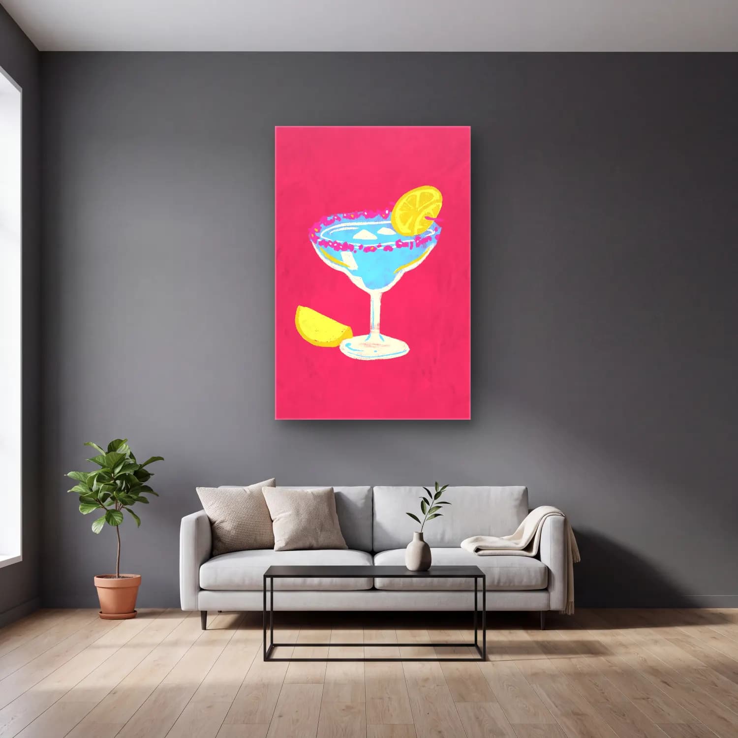 Pastel Kokteyl No. 7 cam tablo — gri duvarlı salonda