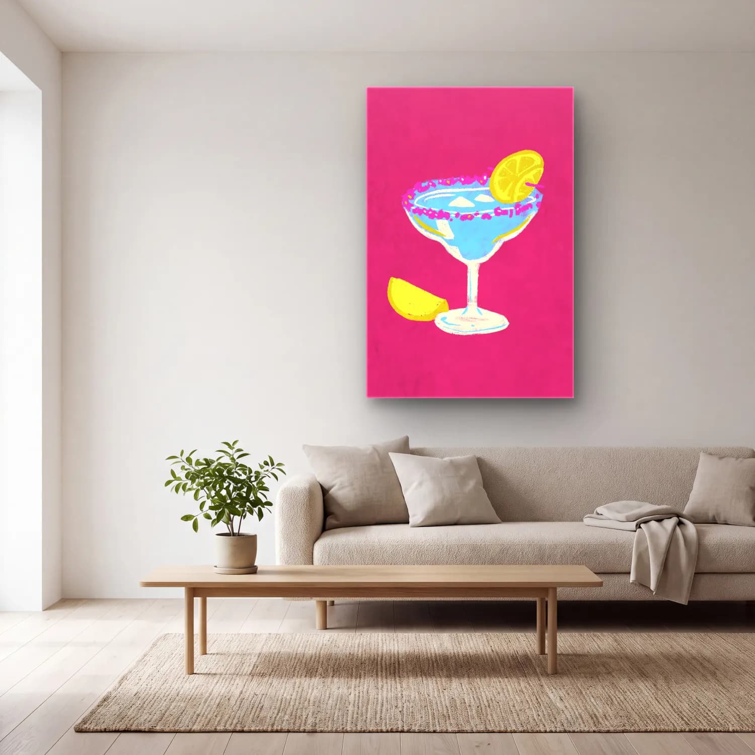 Pastel Kokteyl No. 7 cam tablo — açık renk salonda
