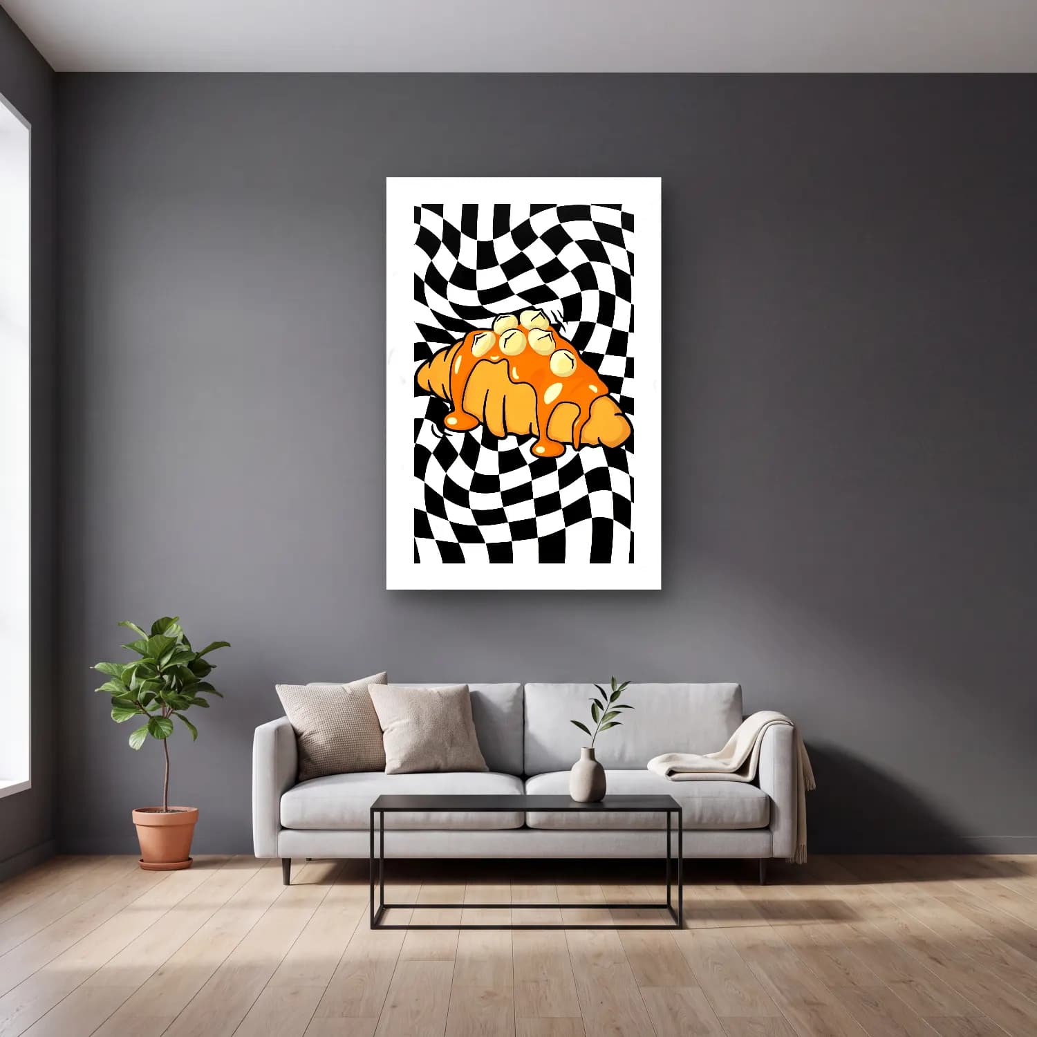 Pop Art Dama Deseni cam tablo — gri duvarlı salonda