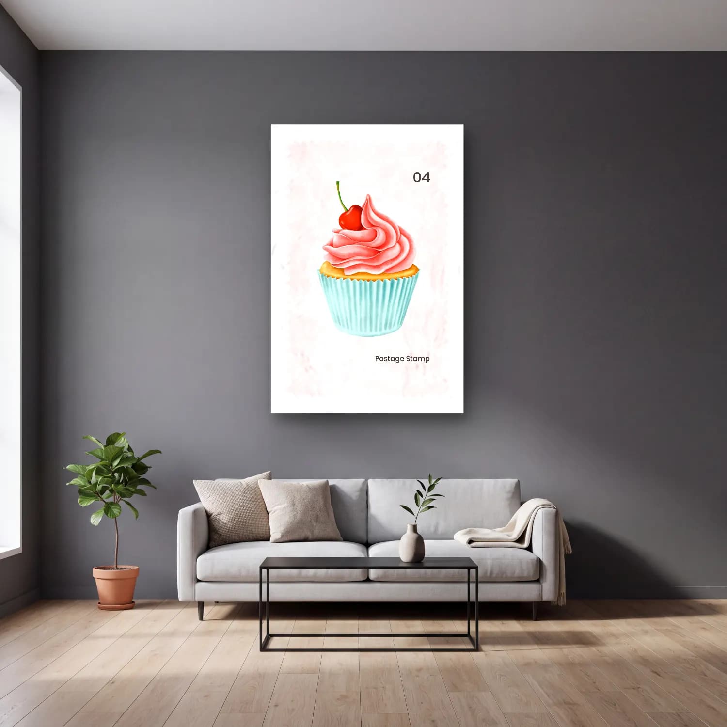 Pastel Tatlılar No. 36 cam tablo — gri duvarlı salonda
