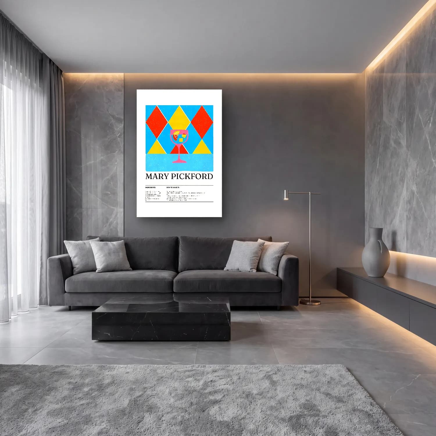 Pop Art Kokteyl – Turuncu Tonlar cam tablo — lüks salon duvarında