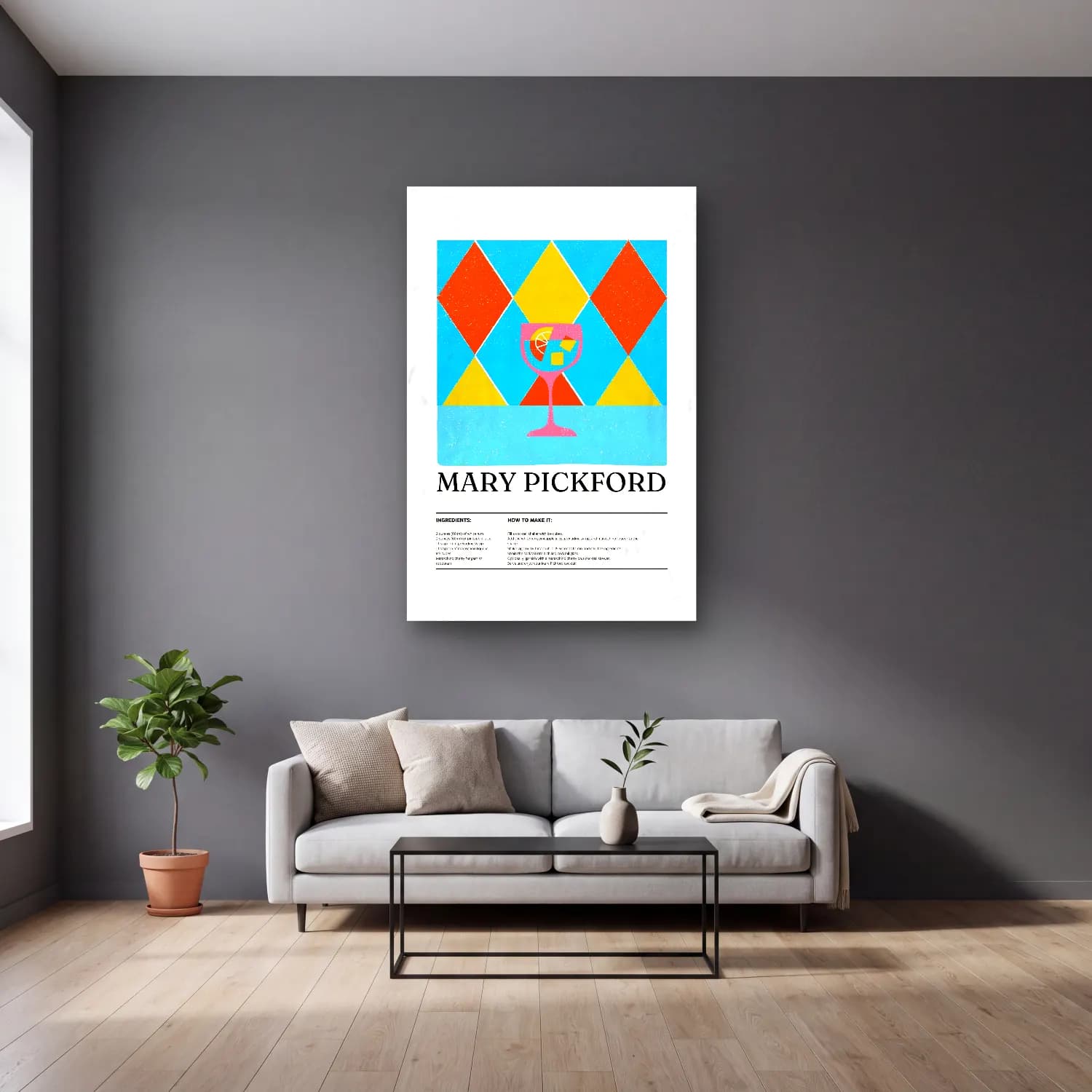 Pop Art Kokteyl – Turuncu Tonlar cam tablo — gri duvarlı salonda