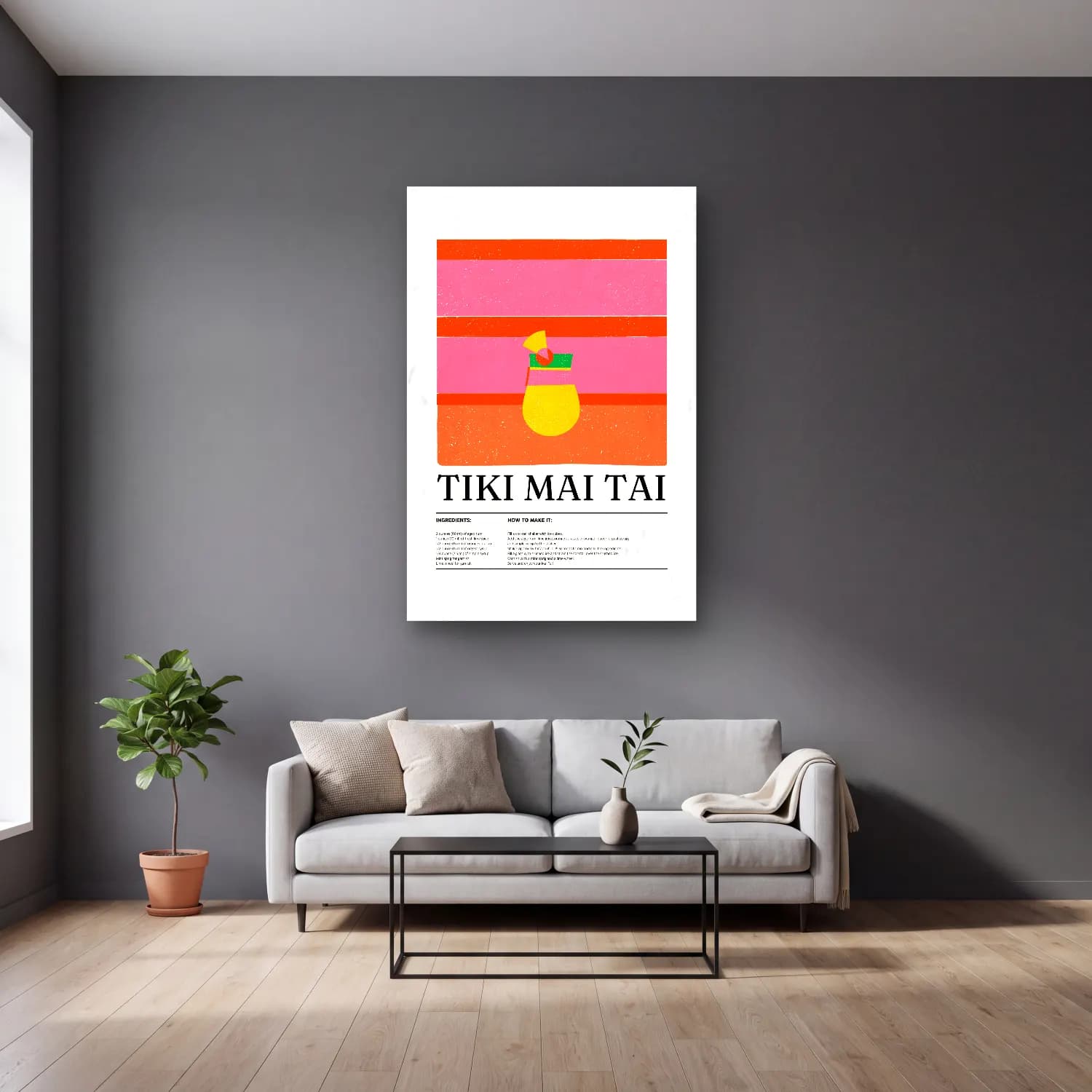 Vintage Poster Kokteyl – Pembe Tonlar cam tablo — gri duvarlı salonda
