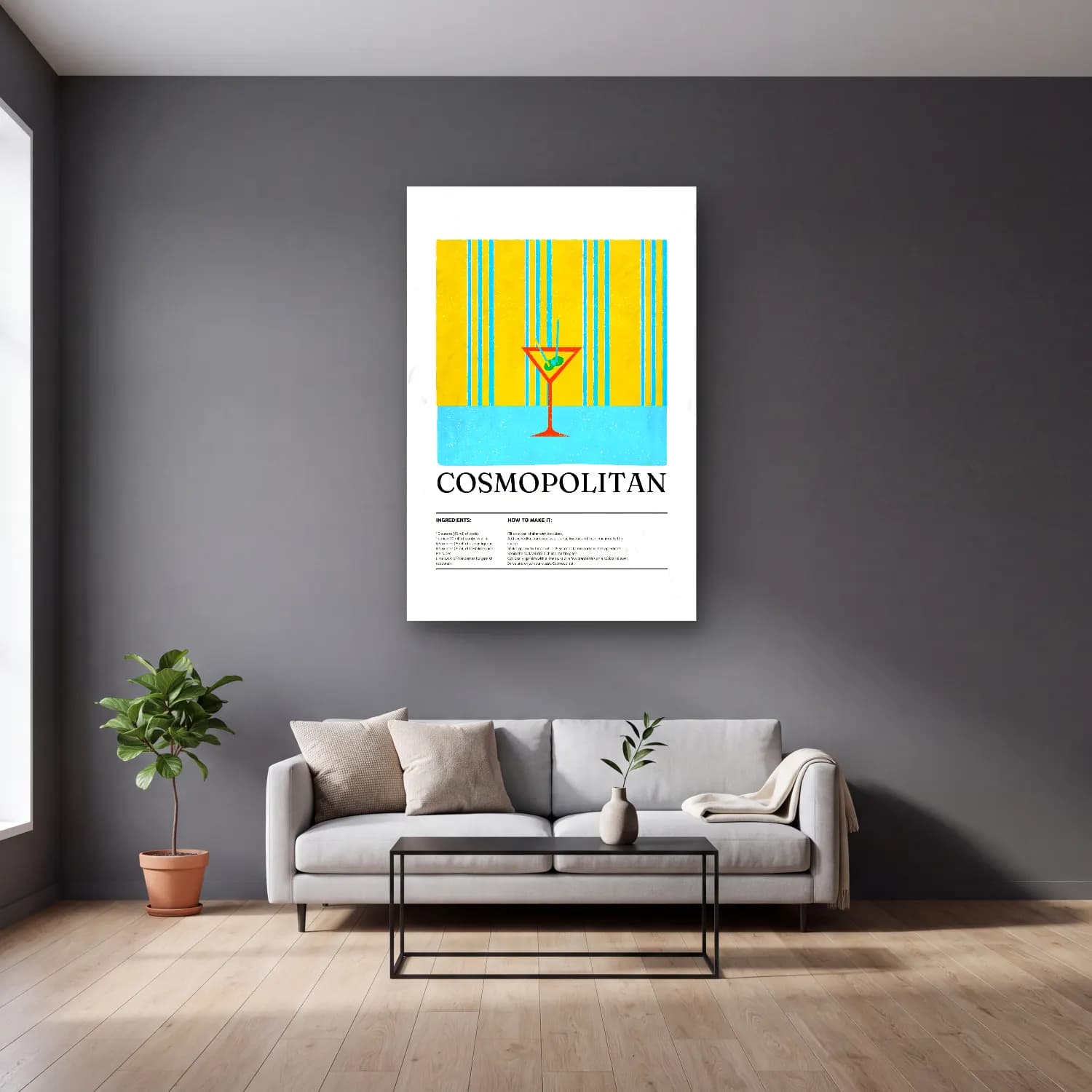 Vintage Poster Kokteyl No. 10 cam tablo — gri duvarlı salonda