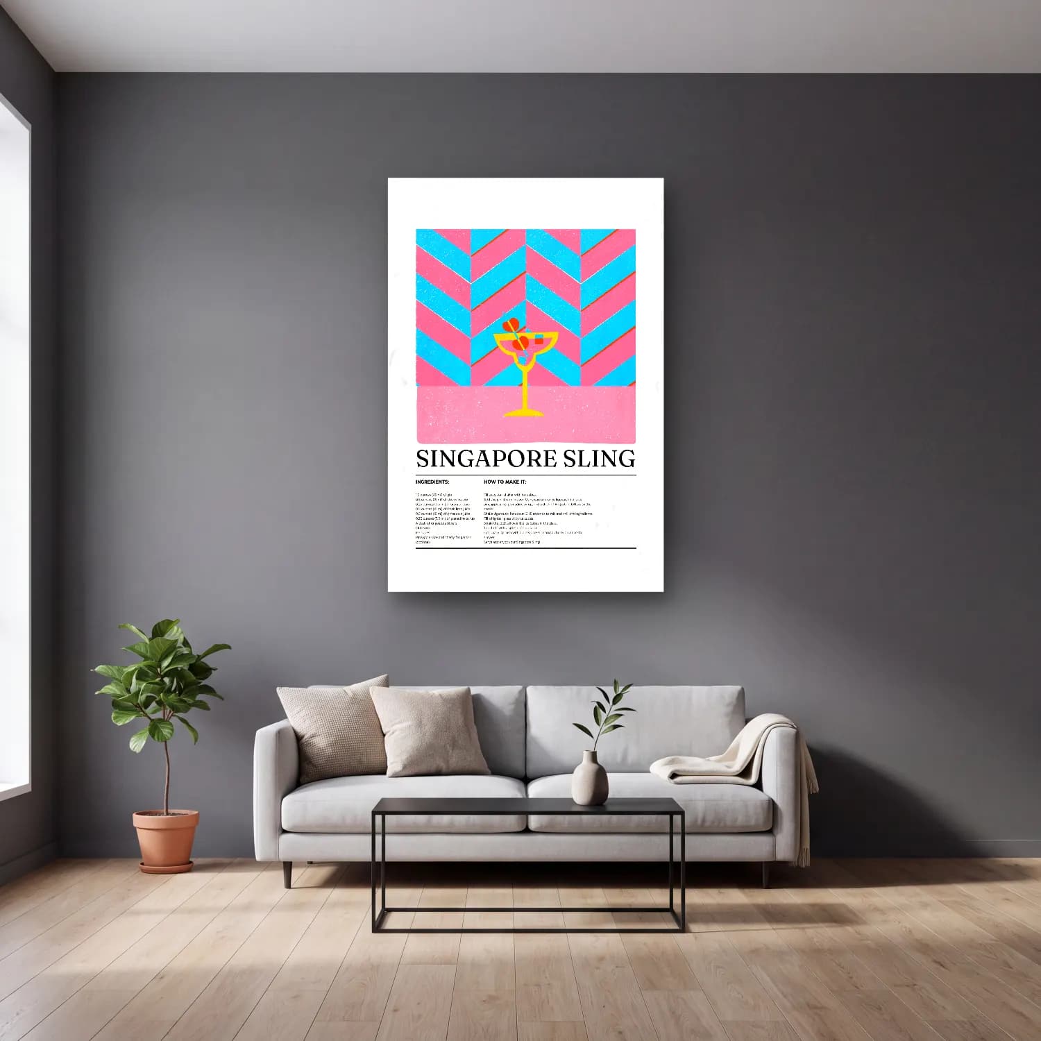 Vintage Poster Kokteyl No. 11 cam tablo — gri duvarlı salonda